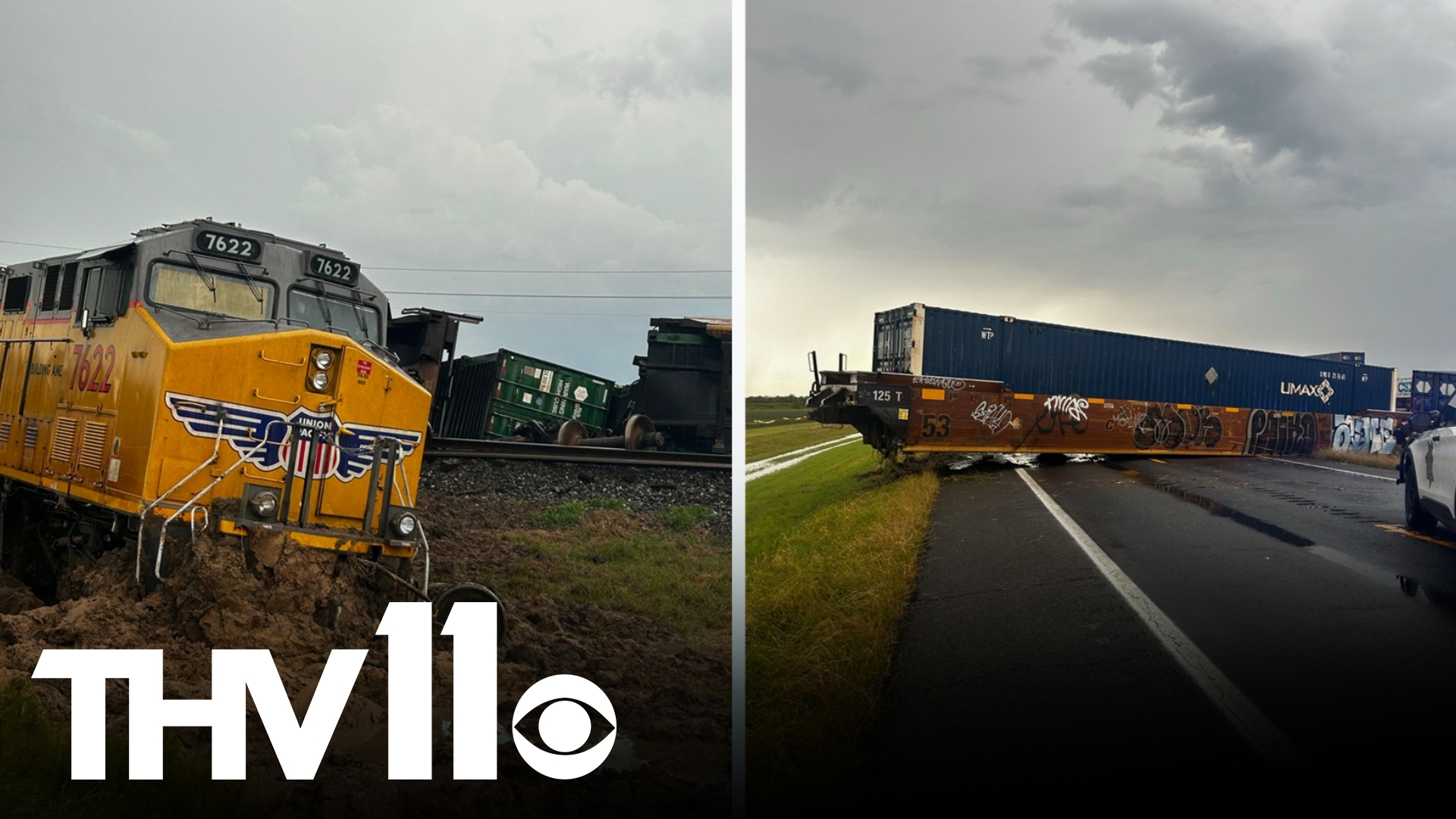 A Union Pacific representative says 40 train cars derailed onto Highway 79, just 4.2 miles northeast of Stuttgart. All lanes are currently blocked.