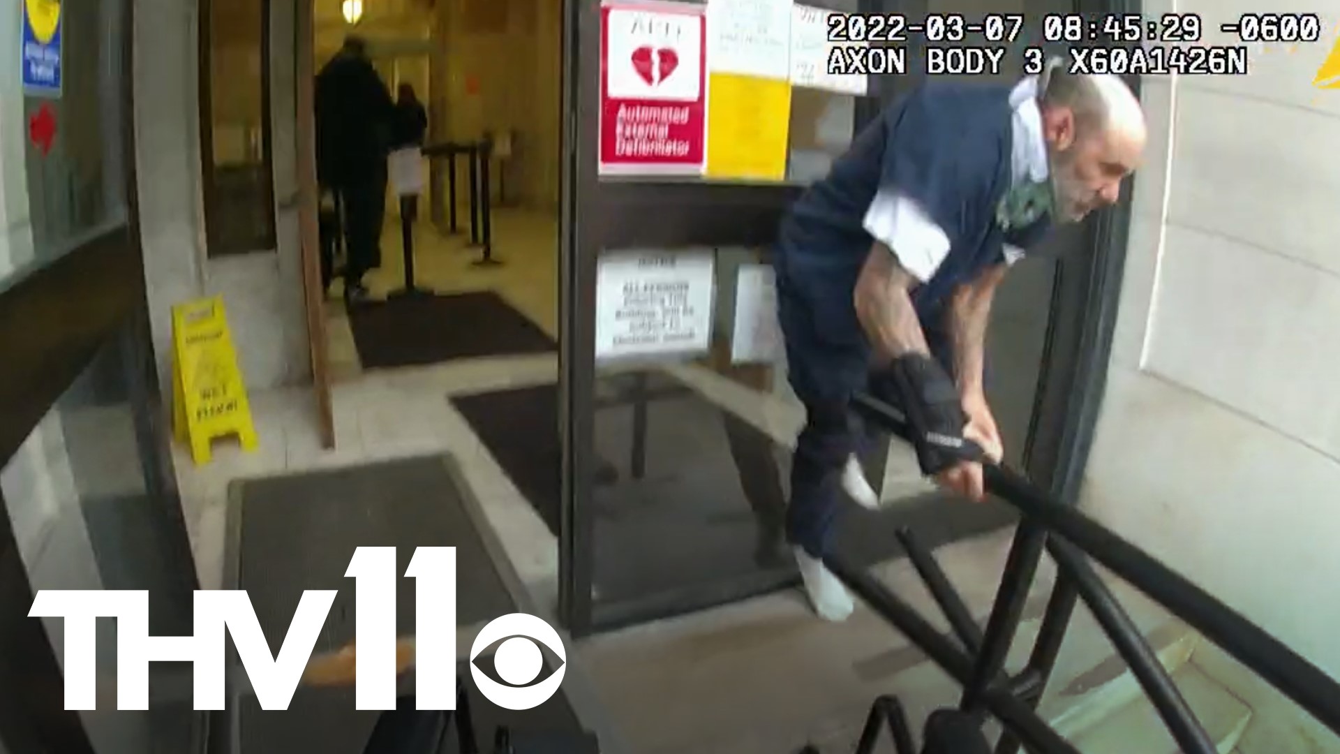 In this bodycam footage, Joel Delgado is seen jumping out of a wheelchair near a Little Rock courthouse and running away from police. He was later apprehended.
