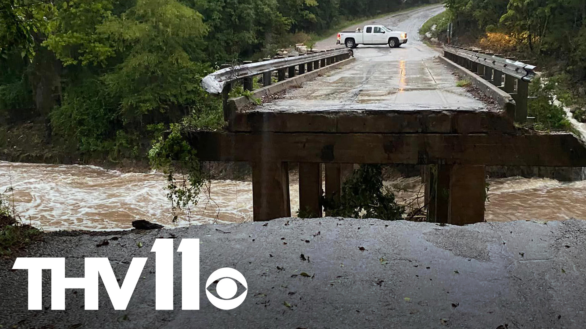 Video submitted by Patricia Cass Cole shows damage to the Moccasin Bridge just north of Yellville, Arkansas as flooding impacts the area.