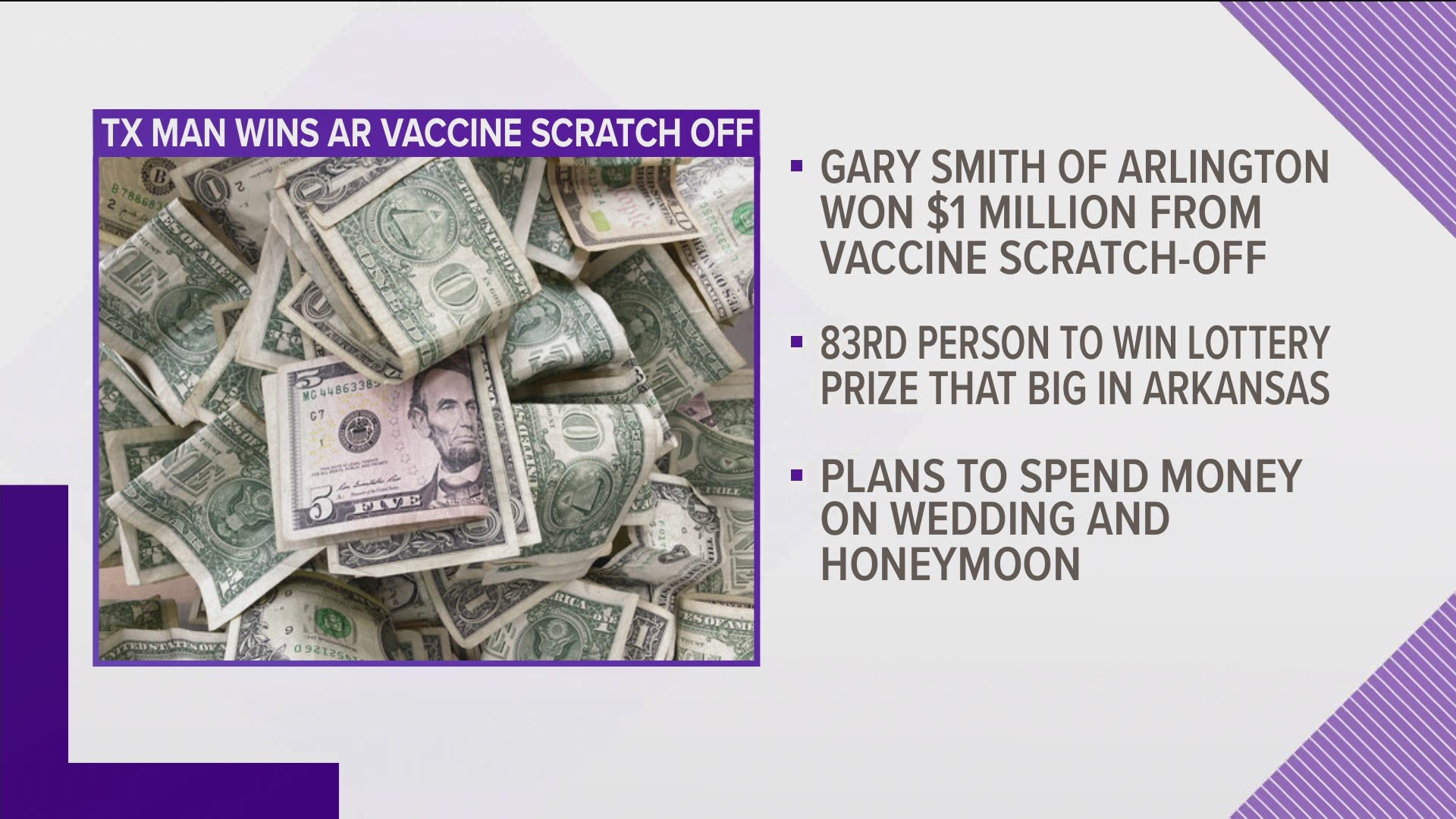 Gary Smith, who won $1 million from a scratch-off ticket he got as a vaccine incentive, will use the winnings to have the wedding and honeymoon of his dreams.