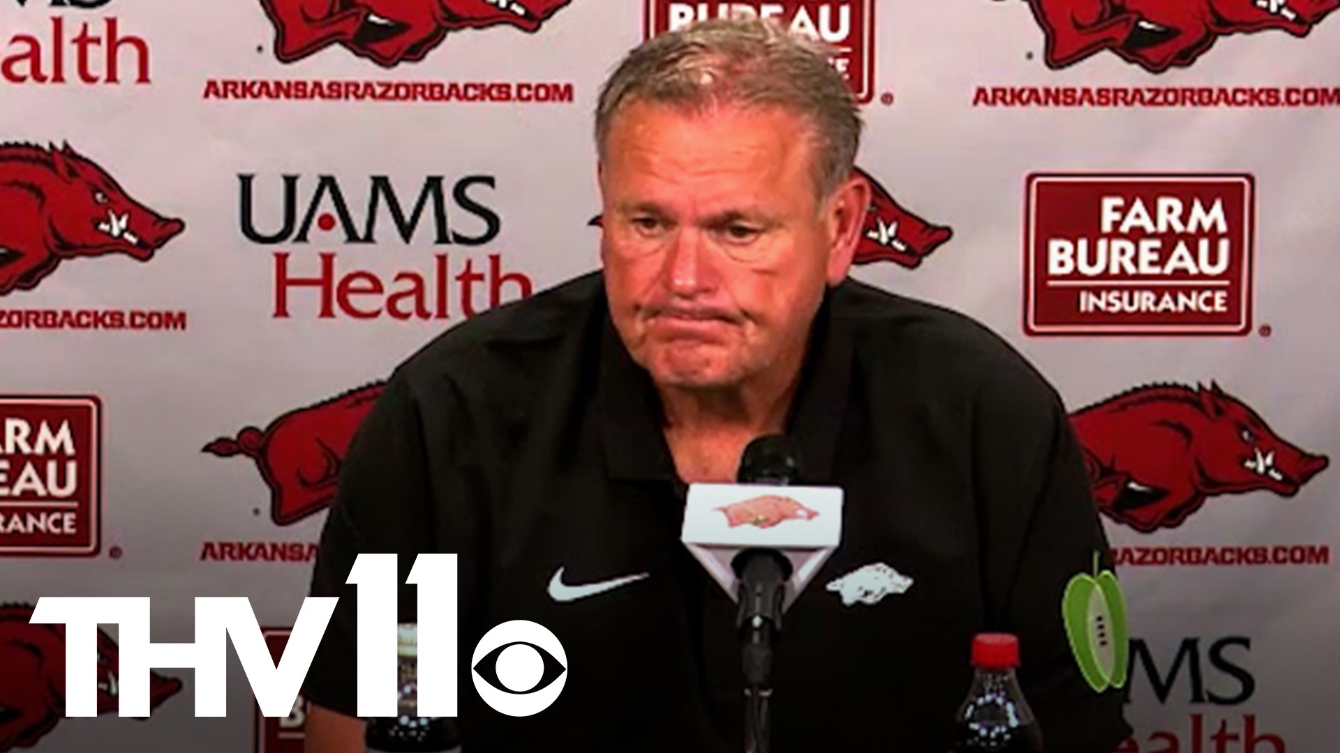 Arkansas head coach Sam Pittman speaks to the media following the Razorbacks' 38-31 loss to BYU.