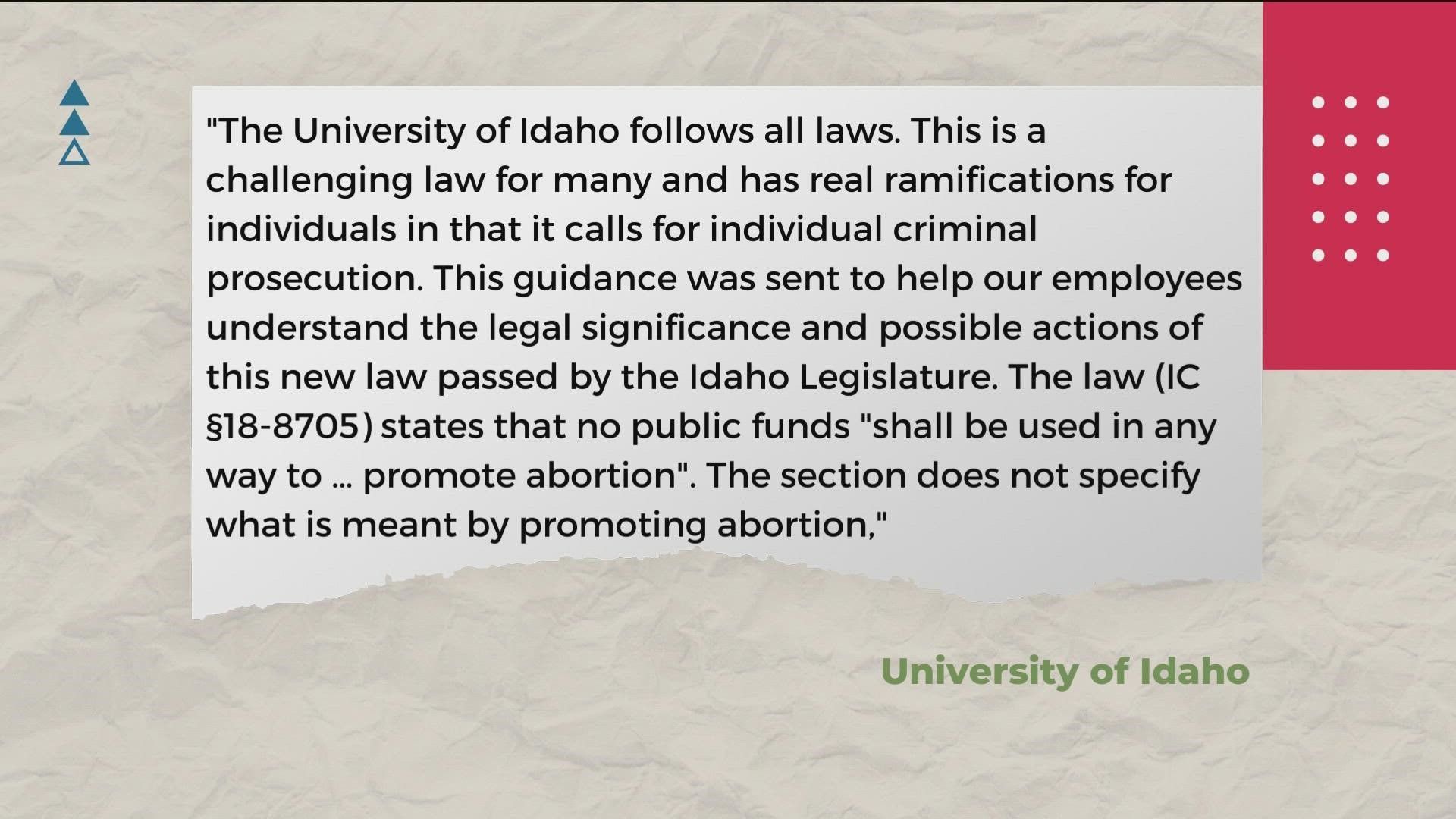 Concerns surrounding threats of felony charges for providers under Idaho state laws surrounding abortion motivated the school's decision.