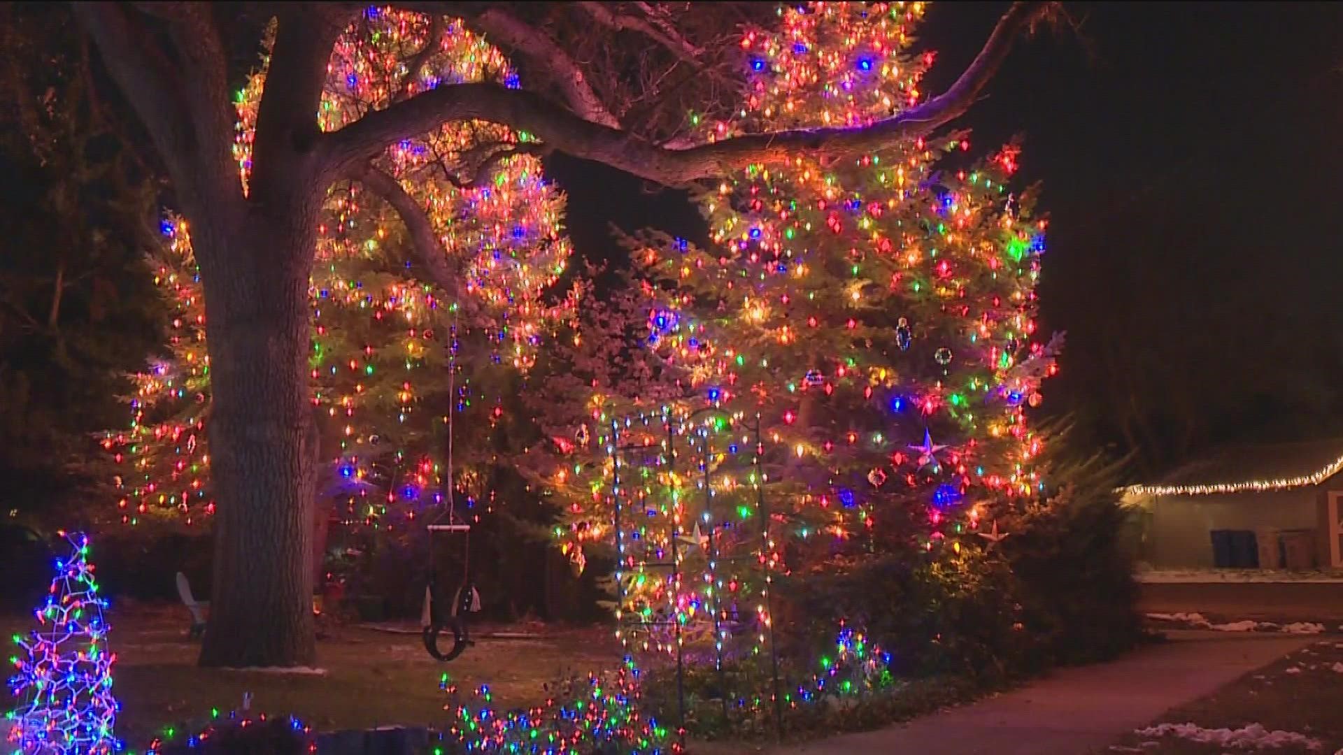 Pat Records planted the tree on his front lawn 36 years ago. He's been decorating it for twenty years. The tree has become a neighborhood tradition.