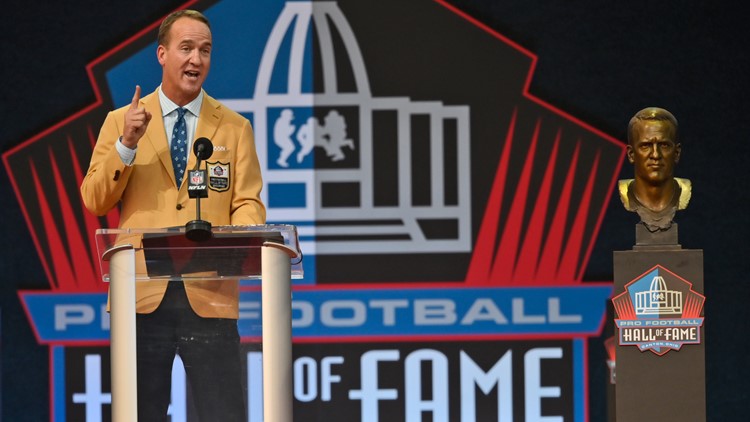 Manning gives Hall of Fame speech with trademark humor before imploring protection of football&rsquo;s future