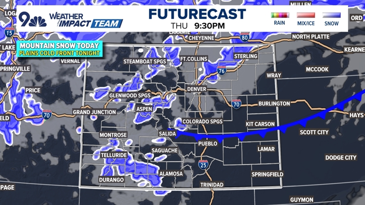 Mountain snow today, cold front tonight for Denver with snow by morning