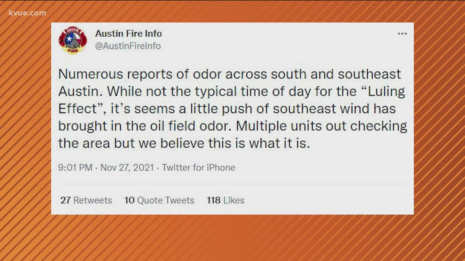 The odor is likely from nearby oil fields.
