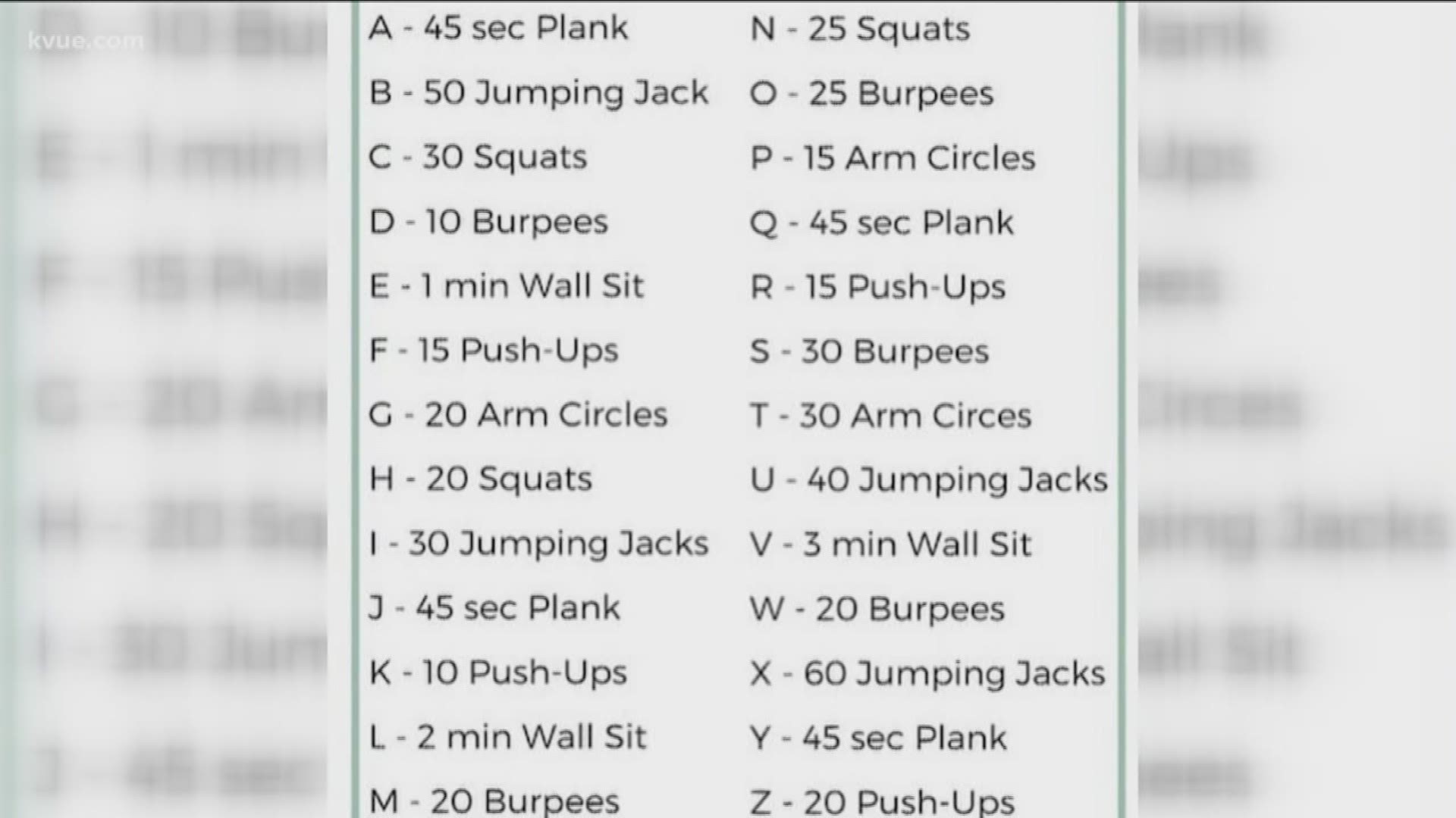 Here's the workout… it's called the Name Game. Spell out your first and last name and do the exercises that are listed next to each letter.