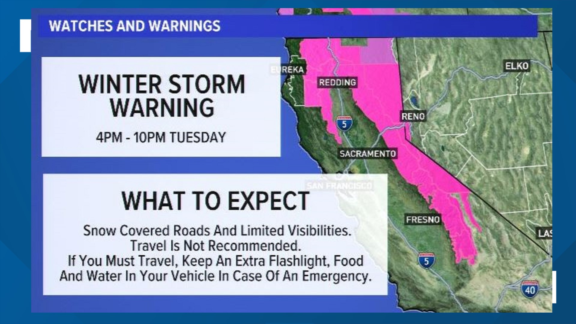 Major travel impacts are expected for the Sierra with strong winds, flooding, and possible power outages for the valley.