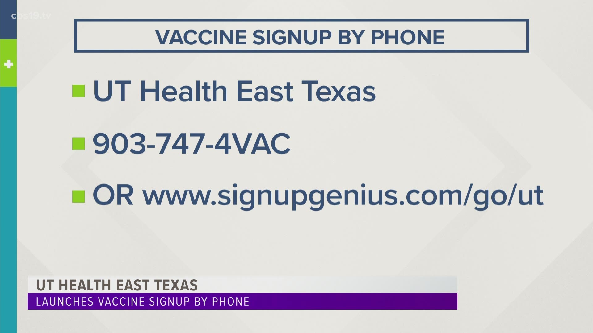 Those who need help navigating online sign-up or who are without access to internet can now call 903-747-4VAC (4822) from 8 a.m. to 5 p.m. Monday through Friday.