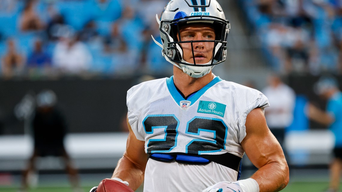 Carolina Panthers running back Christian McCaffrey warms up before an NFL  football game between the Carolina Panthers and the New England Patriots  Sunday, Nov. 7, 2021, in Charlotte, N.C. (AP Photo/Jacob Kupferman