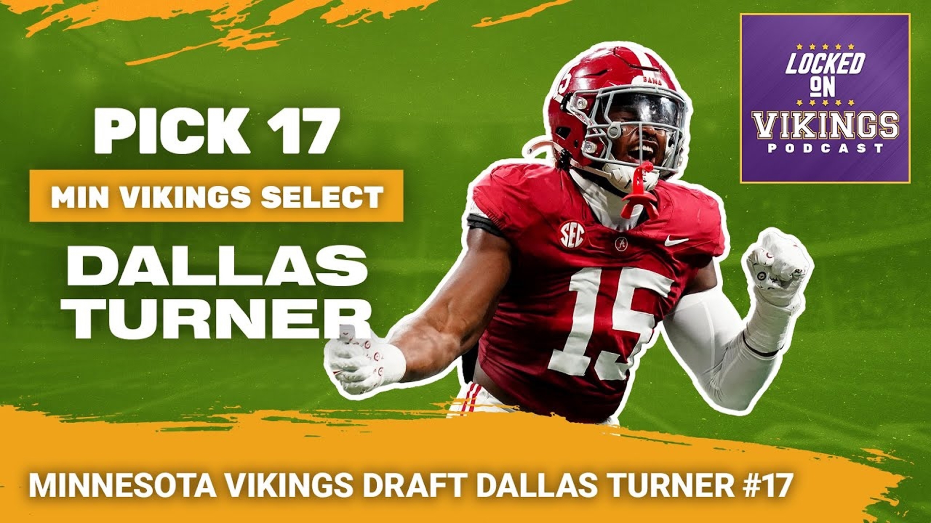 The Minnesota Vikings have selected Alabama Crimson Tide edge rusher Dallas Turner with the seventeenth overall pick in the 2024 NFL Draft.