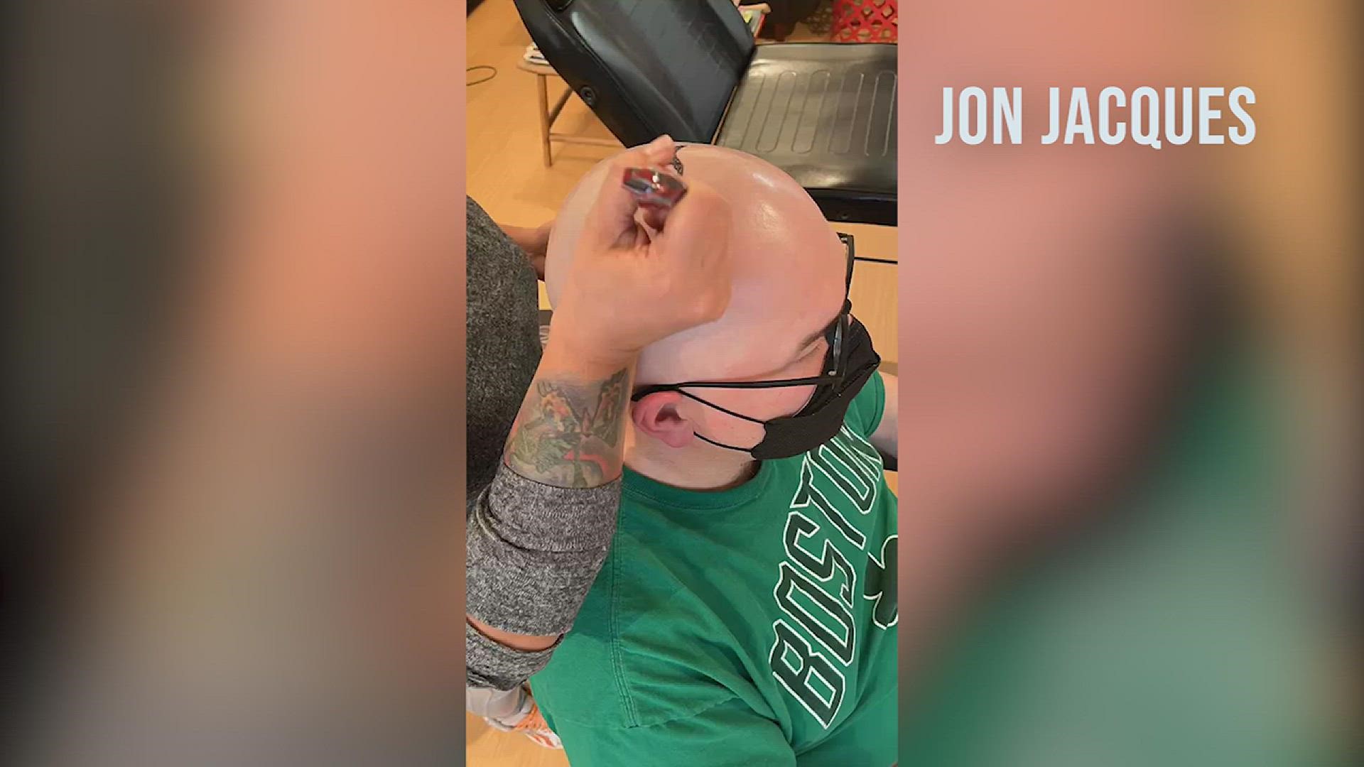 Jon Jacques, a math teacher at Biddeford High School, got a henna tattoo of the number pi on his head to benefit a good cause.