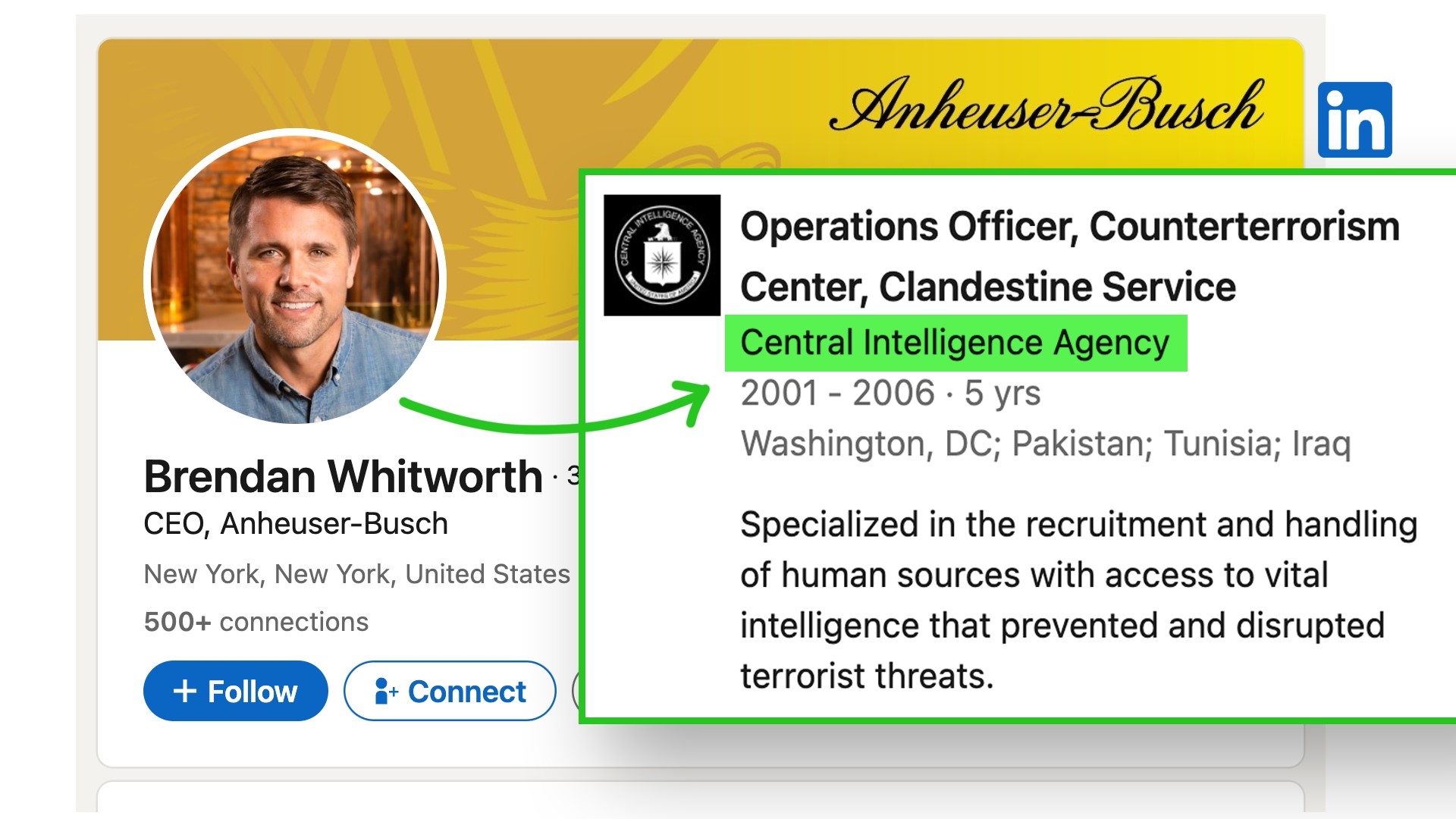 Anheuser-Busch CEO Brendan Whitworth worked for the CIA from 2001 to 2006, according to the Bud Light chief’s LinkedIn. A viral tweet falsely said he’s still there.