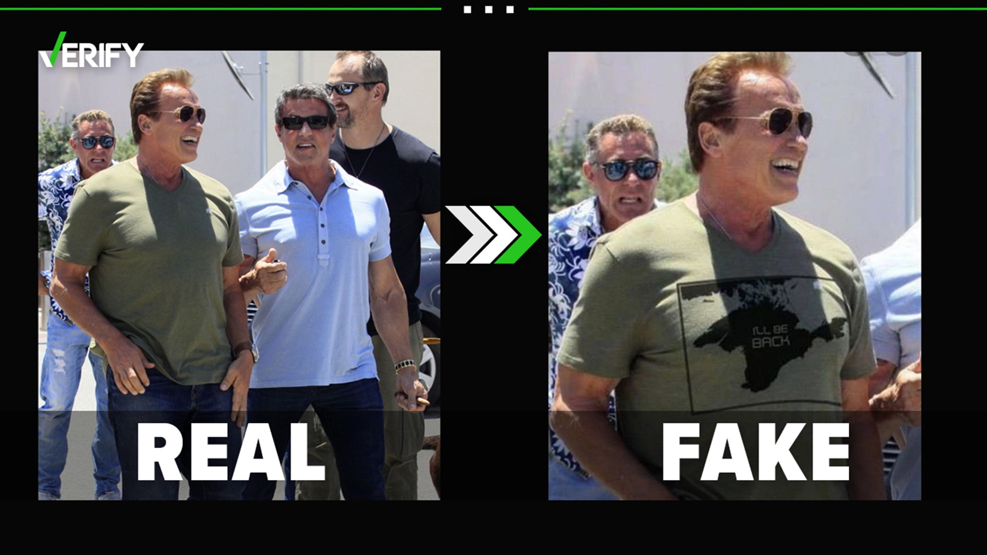 A viral image appearing to show Arnold Schwarzenegger wearing a pro-Ukraine shirt that says “I’ll be back” is fake.