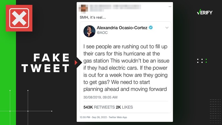 No, Rep. Alexandria Ocasio-Cortez didn't tweet that electric cars are better than gas during a hurricane