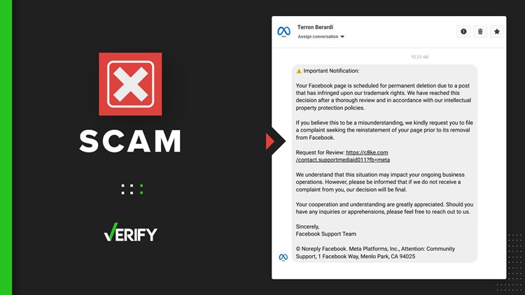 Facebook messages warning businesses their page will be deleted are a scam