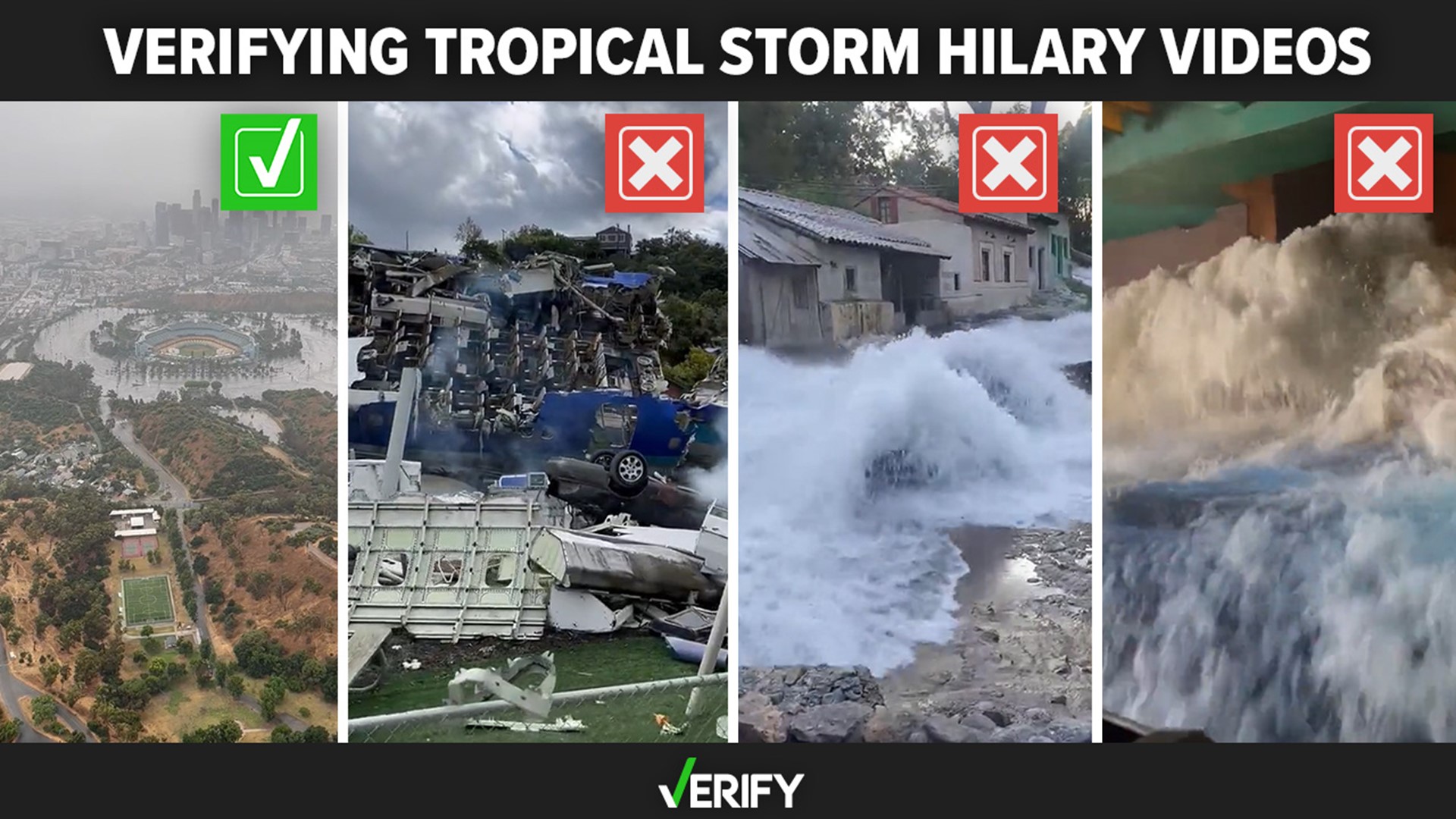 We verify whether several viral videos that claim to show damage from Tropical Storm Hilary are real.