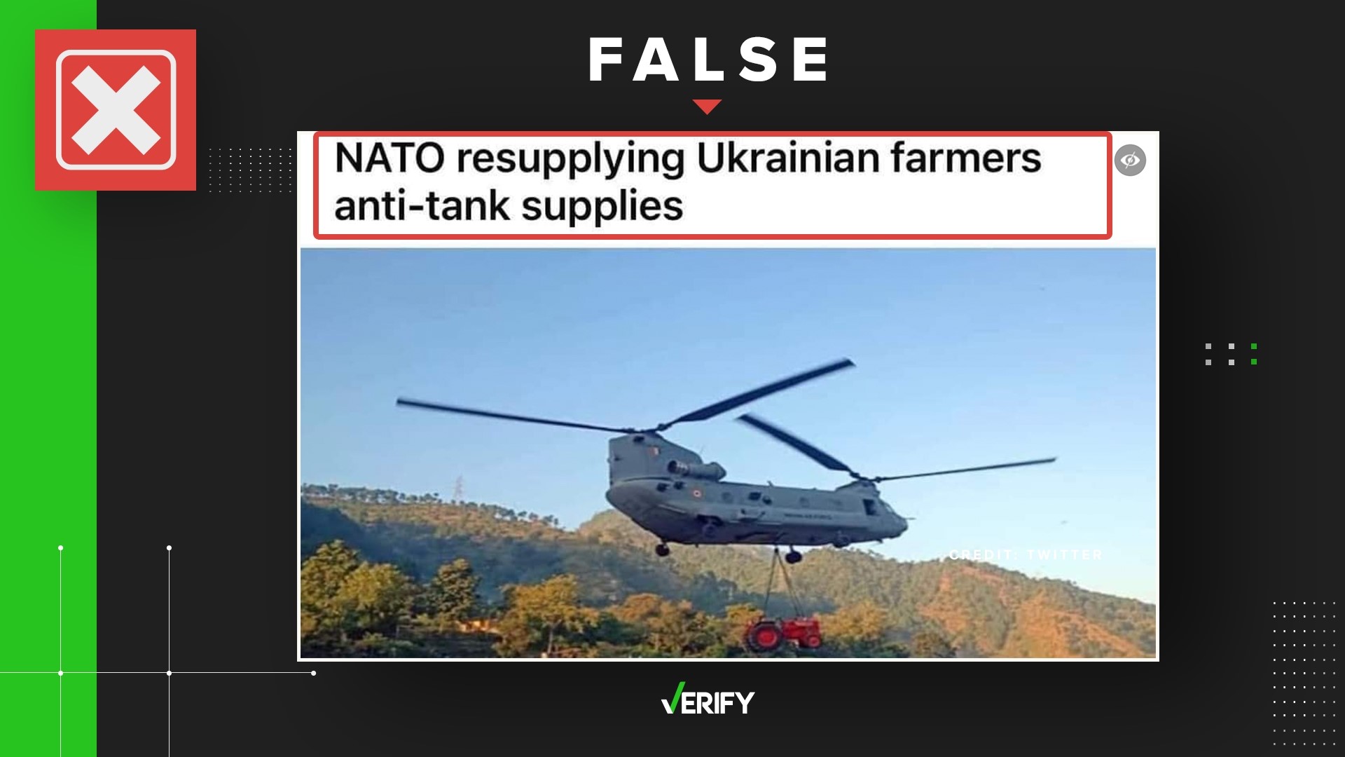 Does this viral image show a NATO helicopter delivering a tractor to Ukrainian farmers?  The VERIFY team confirms this is false.