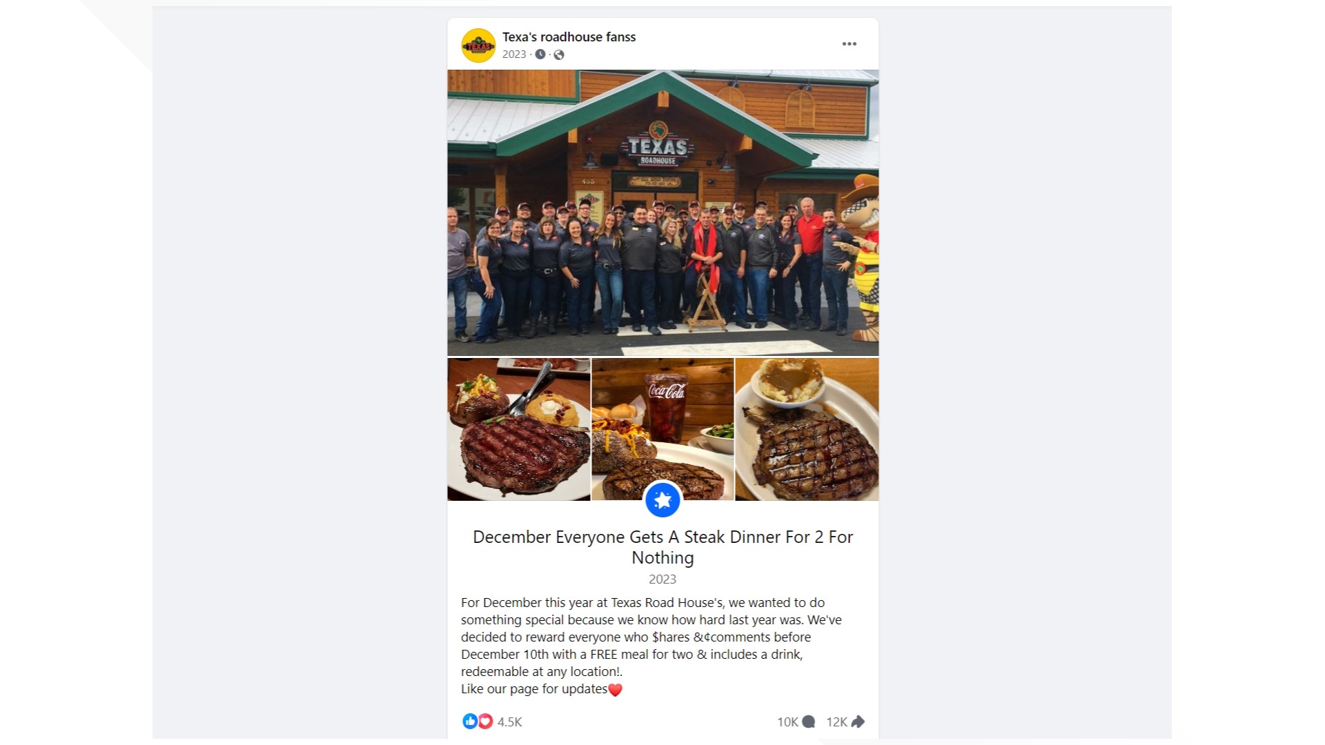 Post claiming to offer free Texas Roadhouse dinners is a scam