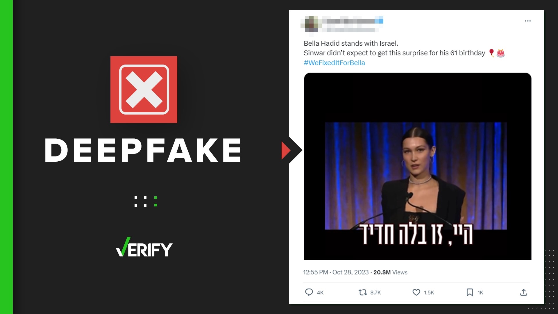 A video claiming to show model Bella Hadid, who is half-Palestinian, apologizing for past remarks on Palestine and expressing support for Israel is a deepfake.