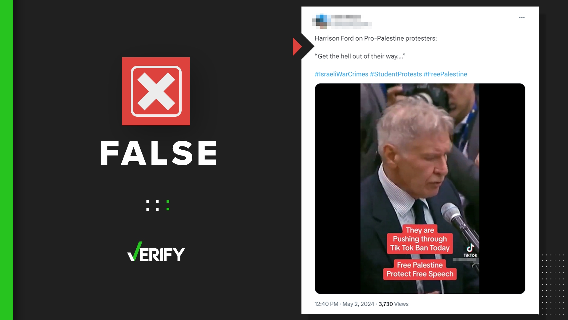 Posts falsely claim Harrison Ford was caught on camera supporting pro-Palestine protesters. The clip shows him speaking at a climate change summit in 2019.