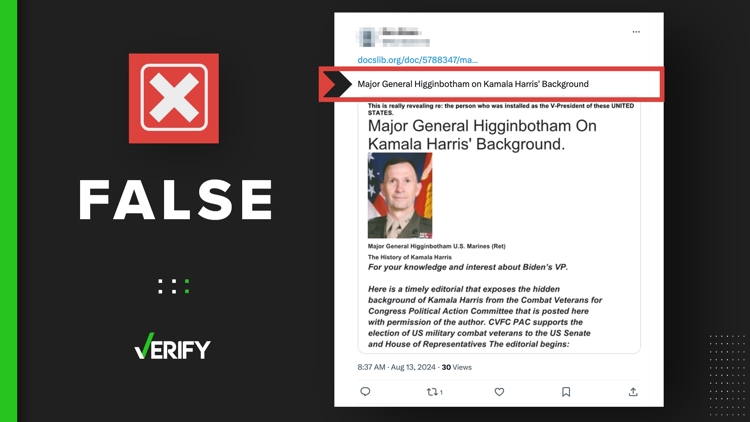 No, Maj. Gen. Higginbotham did not write an article criticizing Kamala Harris&rsquo; background