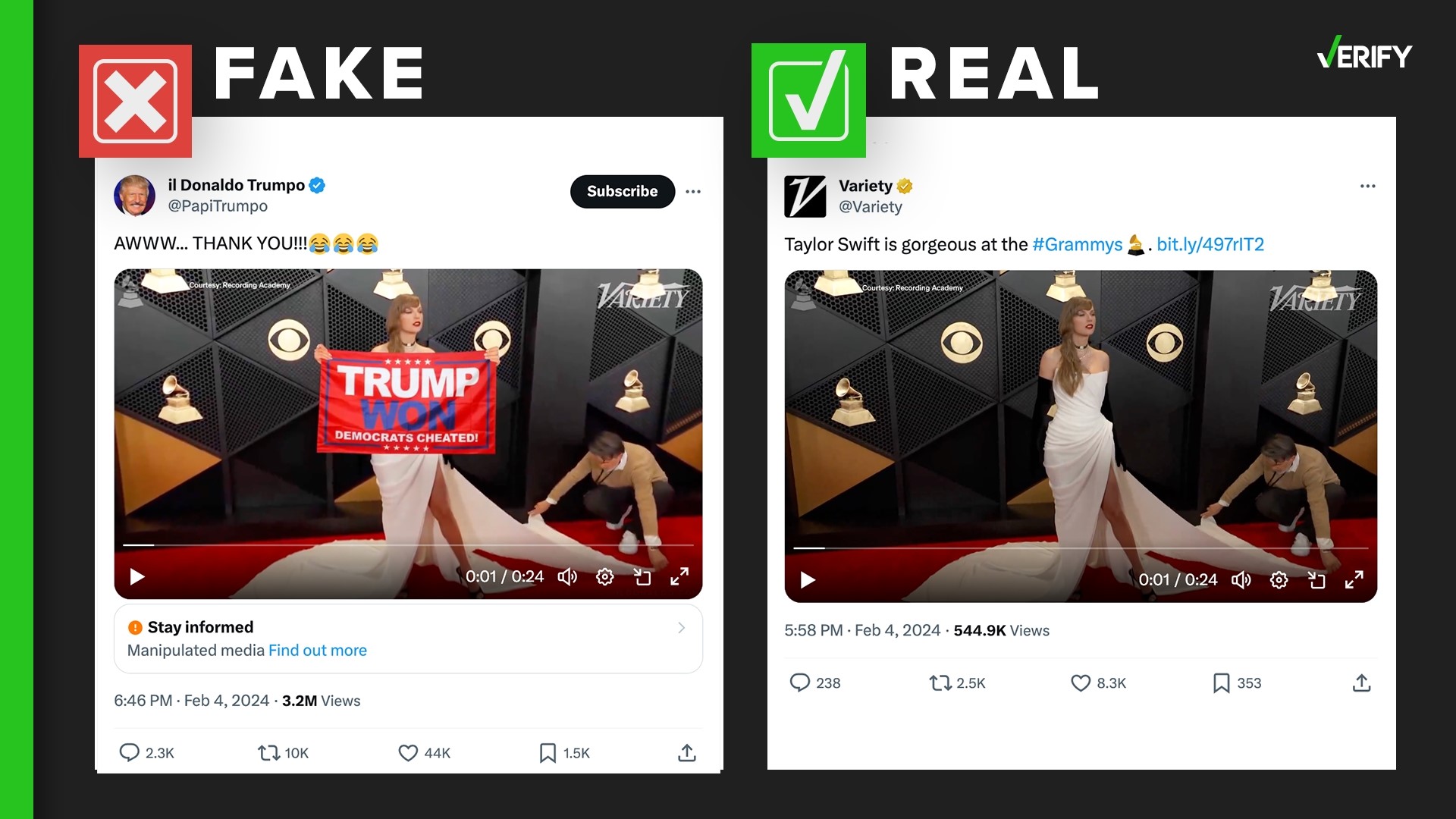 Taylor Swift did not hold ‘Trump won’ flag at 2024 Grammys | verifythis.com