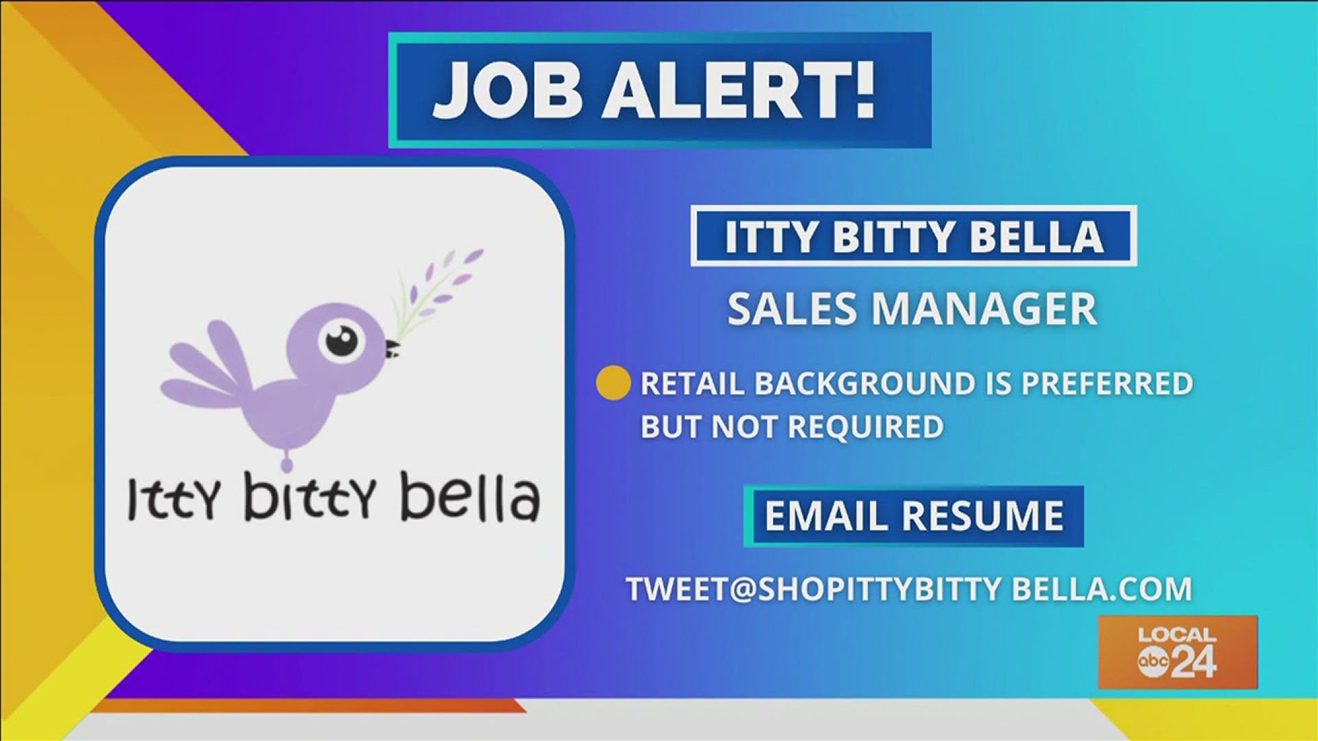 Looking to help make families' lives easier? In that case, check out what Itty Bitty Bella is offering! Background in retail and/or children's products preferred!