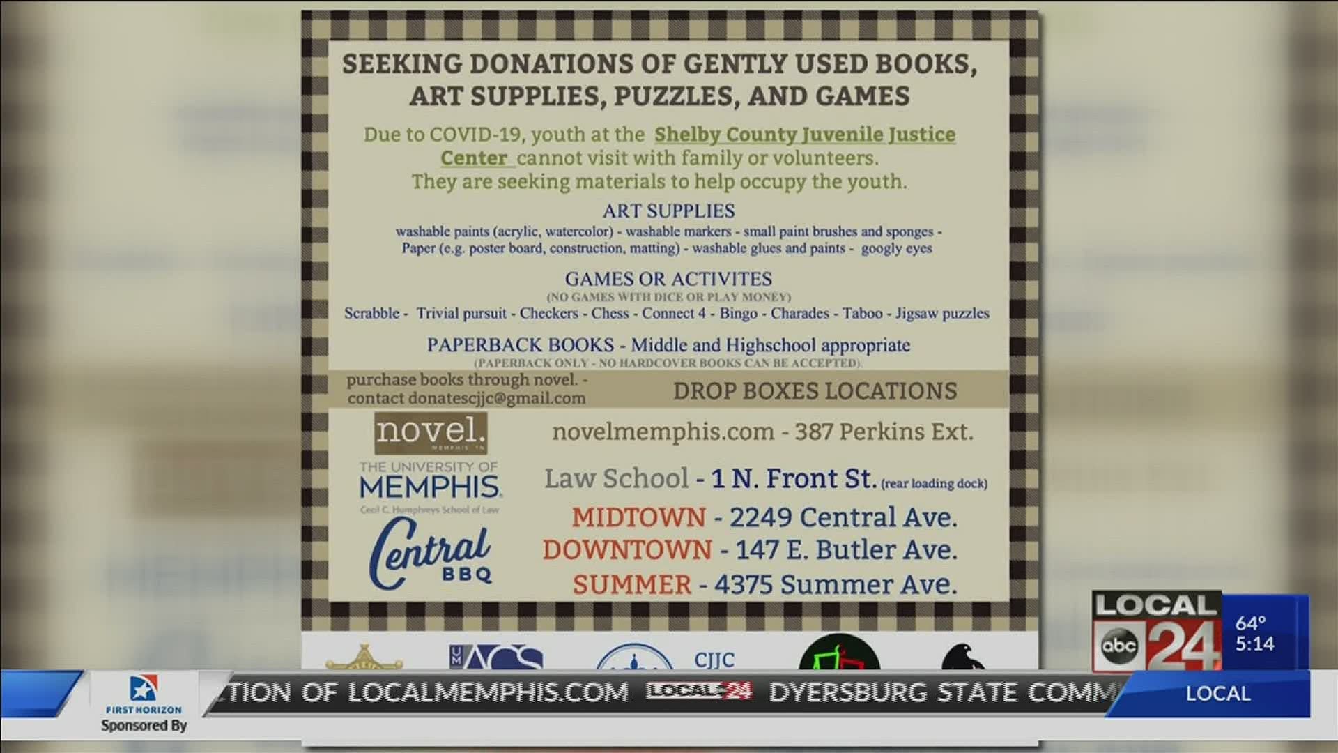 Due to COVID-19, youth at the Shelby County Juvenile Justice Center can't visit with family or volunteers; law students are seeking materials to help occupy them.