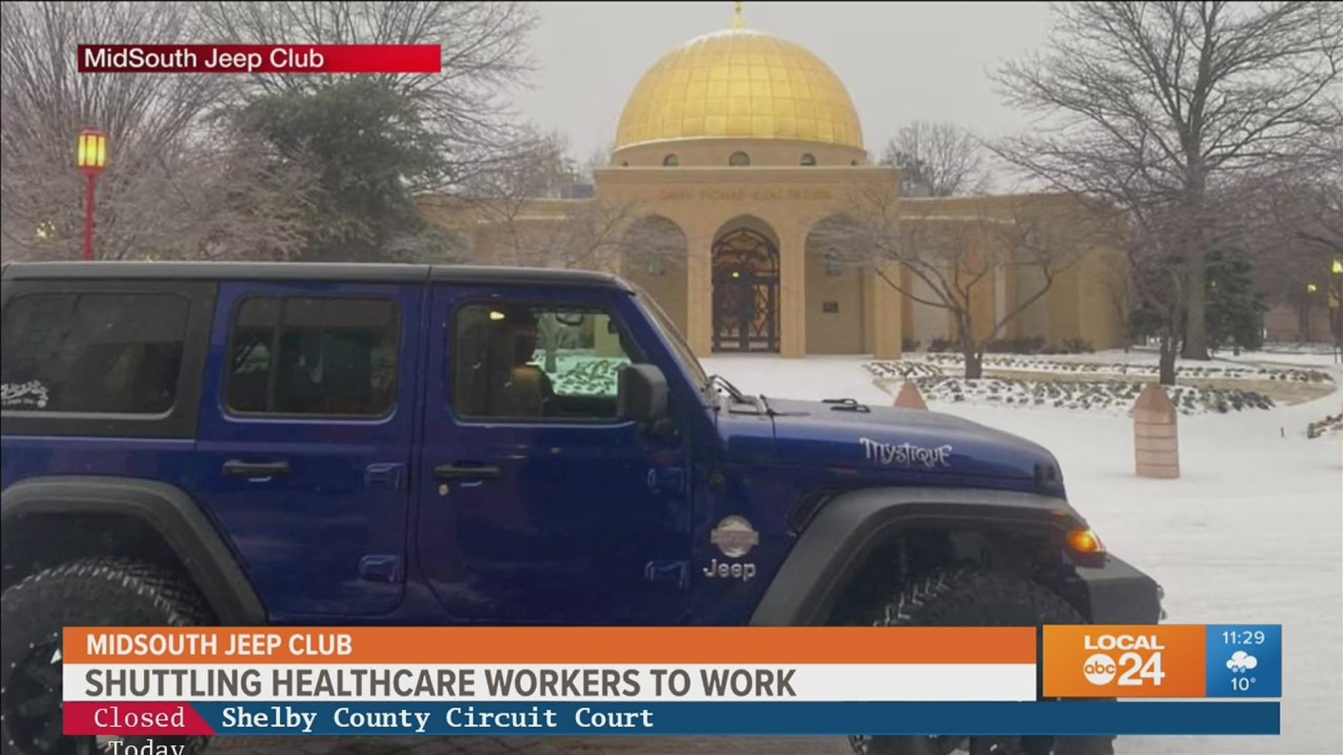 Chris Johnson of the Mid-South Jeep Club helped healthcare workers on their commute Monday while the snow was piling up.