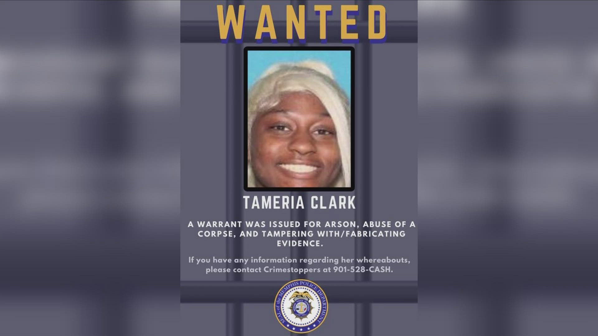 Tameria Clark is wanted on charges of arson, abuse of a corpse, and tampering with/fabricating evidence in connection with the death of Jaderius Webb.