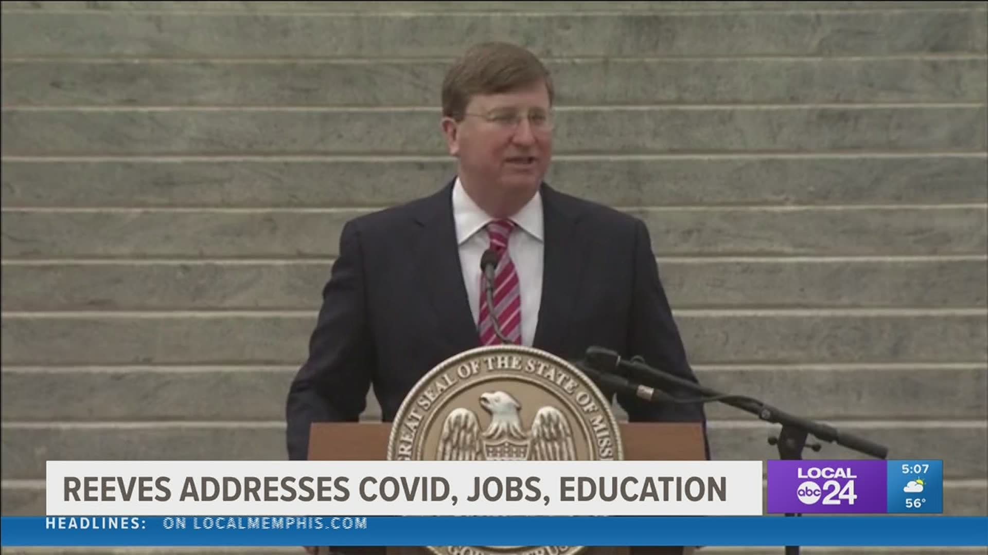 Mississippi Gov. Tate Reeves renewed his call for eliminating the personal income tax and said he will sign a bill to increase teachers' pay.