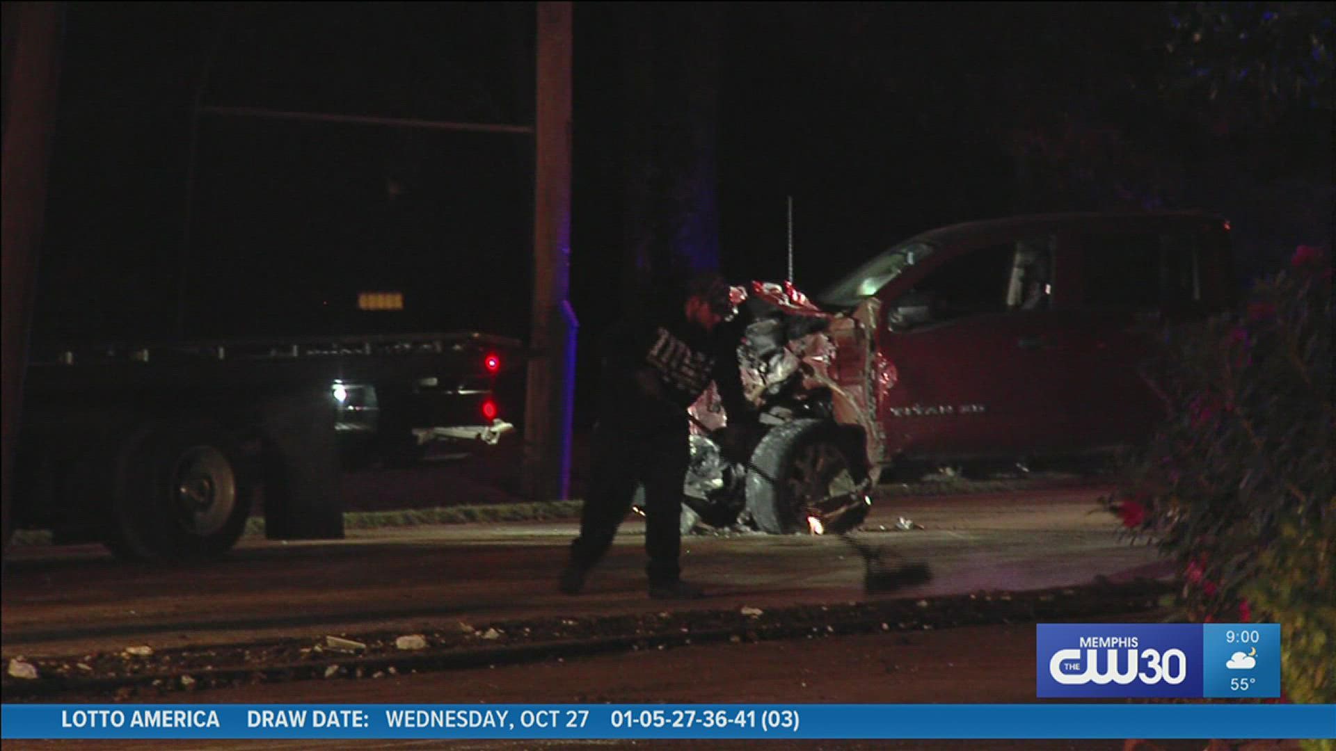 A pickup truck collided with a light pole Saturday night on New Byhalia Road in Collierville.