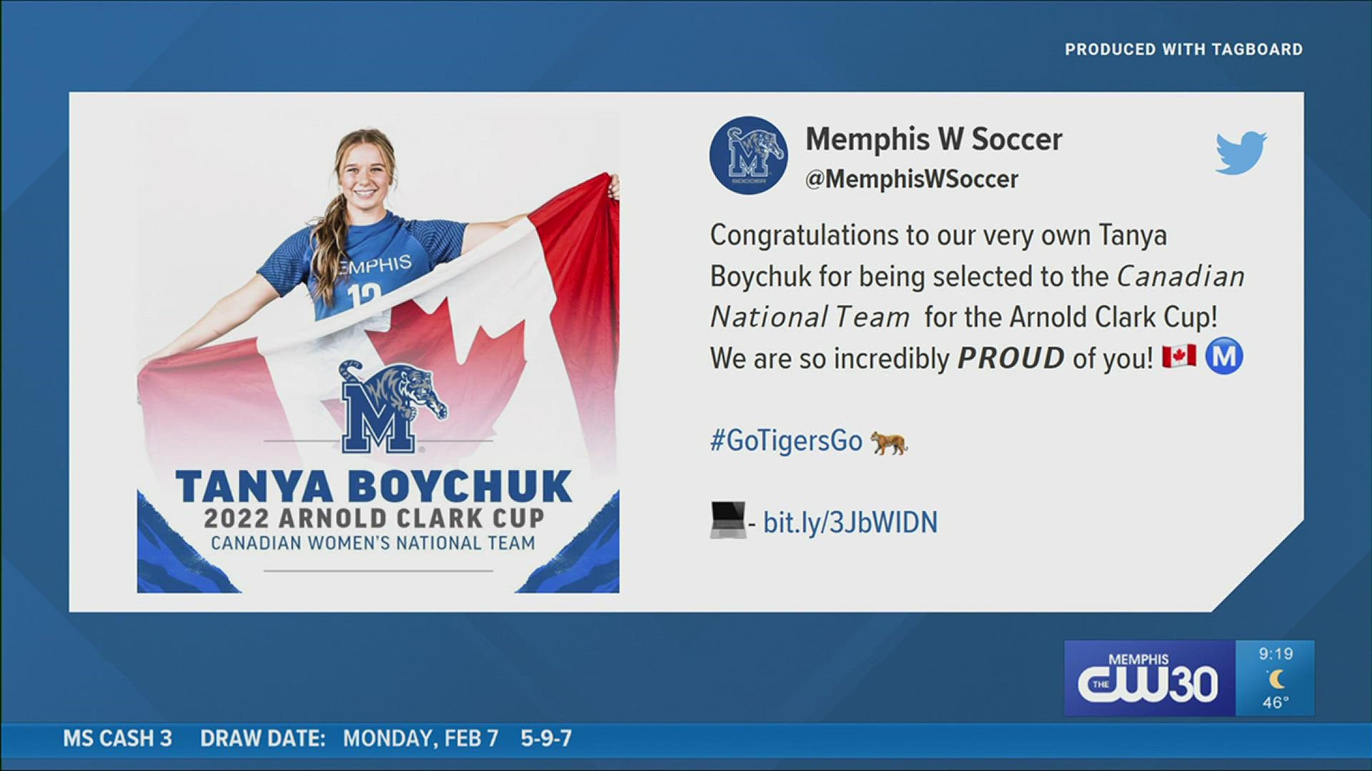 Memphis Women's Soccer player Tanya Boychuk will play for Team Canada in the Arnold Clark Cup in the U.K.