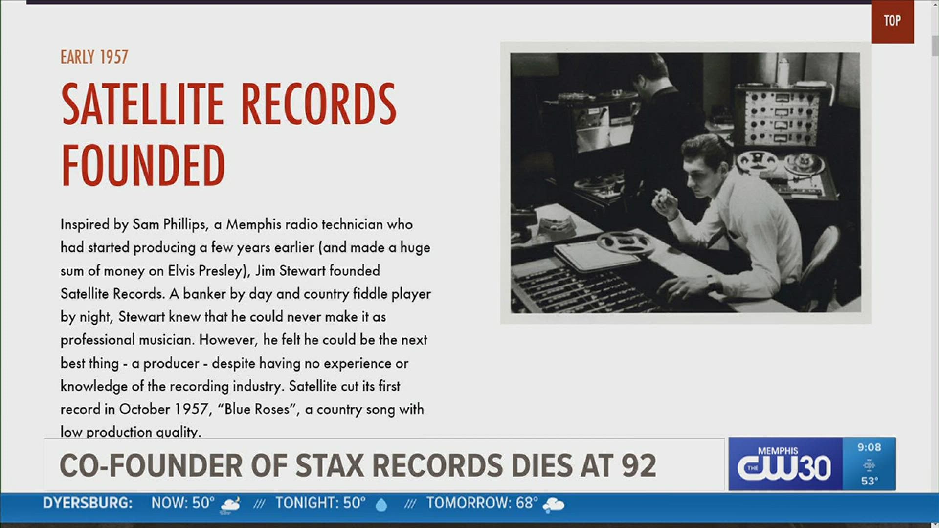 The longtime Memphis resident founded Satellite Records, which was later known as Stax, in the late 1950s.