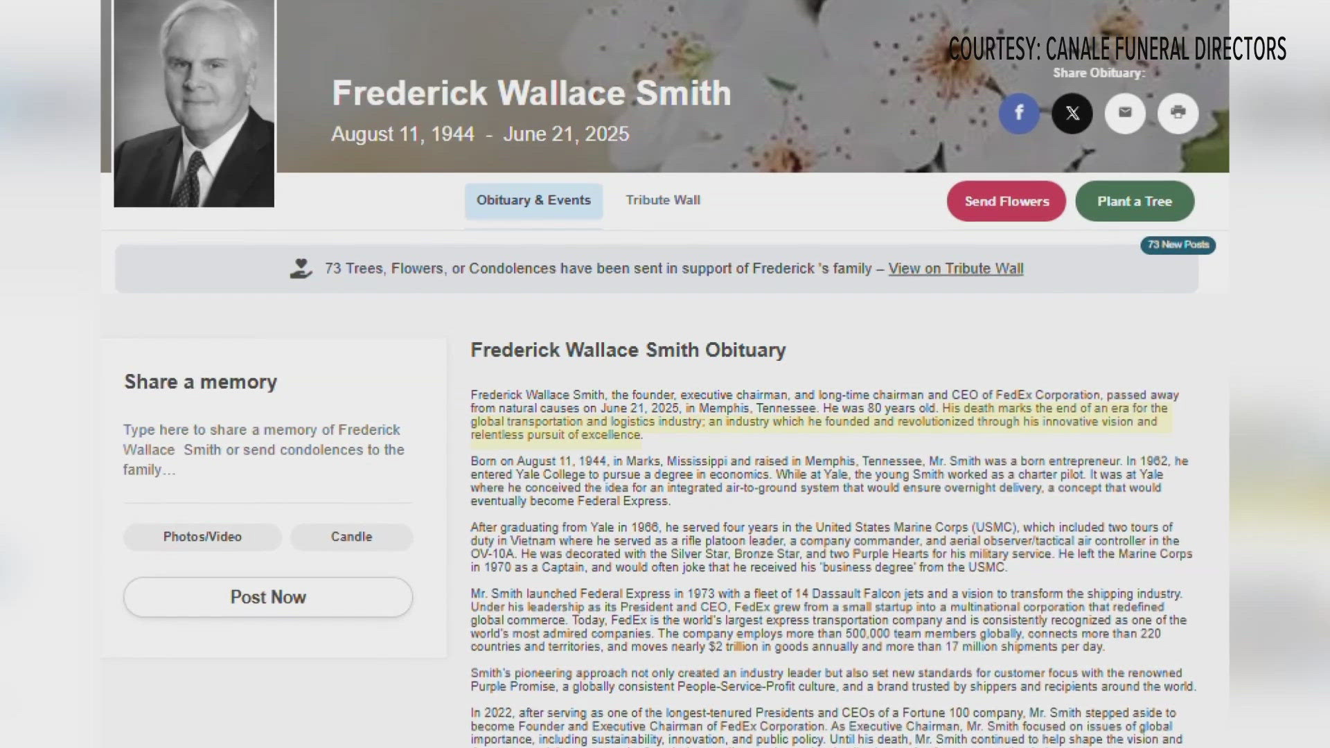 FedEx founder Fred Smith's obituary goes public | localmemphis.com