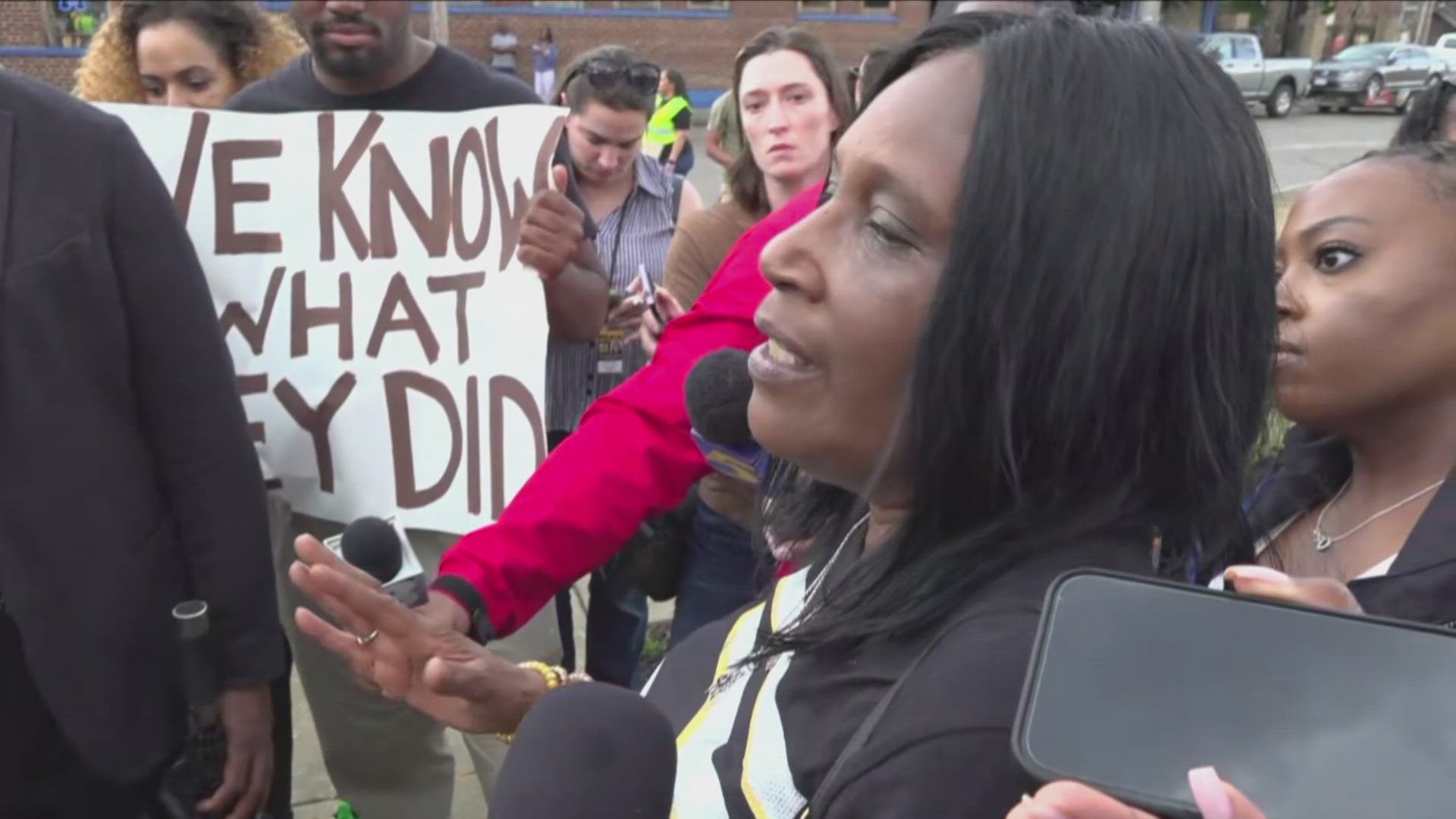 RowVaughn Wells speaks during a rally May 8, 2025, following a press conference at the National Civil Rights Museum.