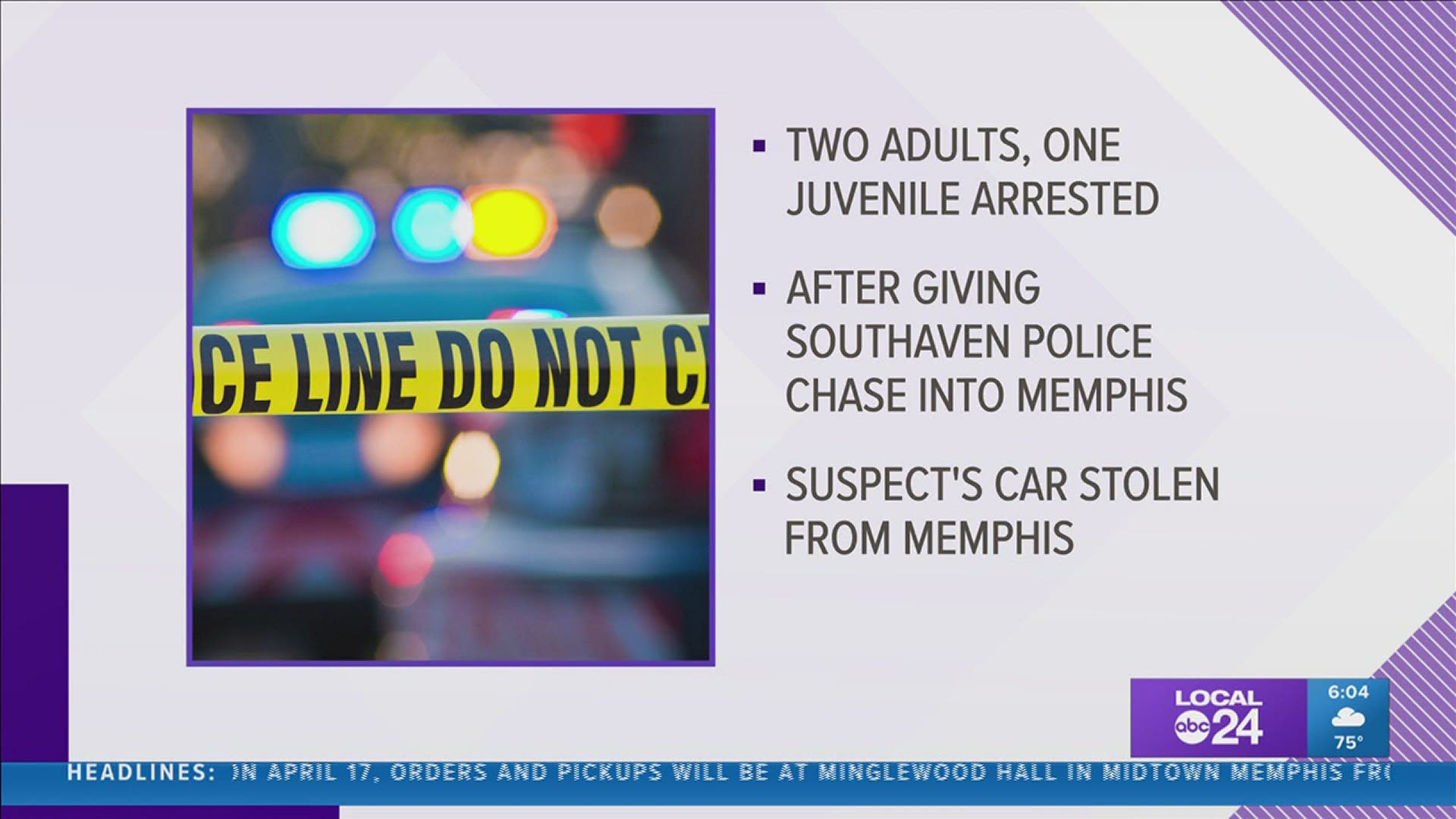 Southaven Police said three people were arrested – two adults and one juvenile – after an overnight police chase from Southaven into Memphis.