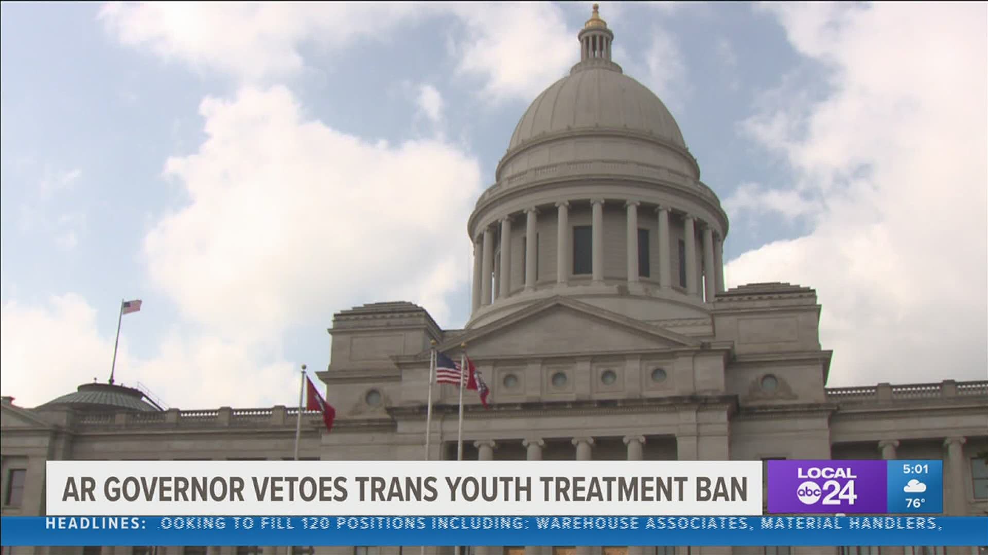 Arkansas' governor has vetoed legislation that would have made his state the first to ban gender confirming treatments for transgender youth.