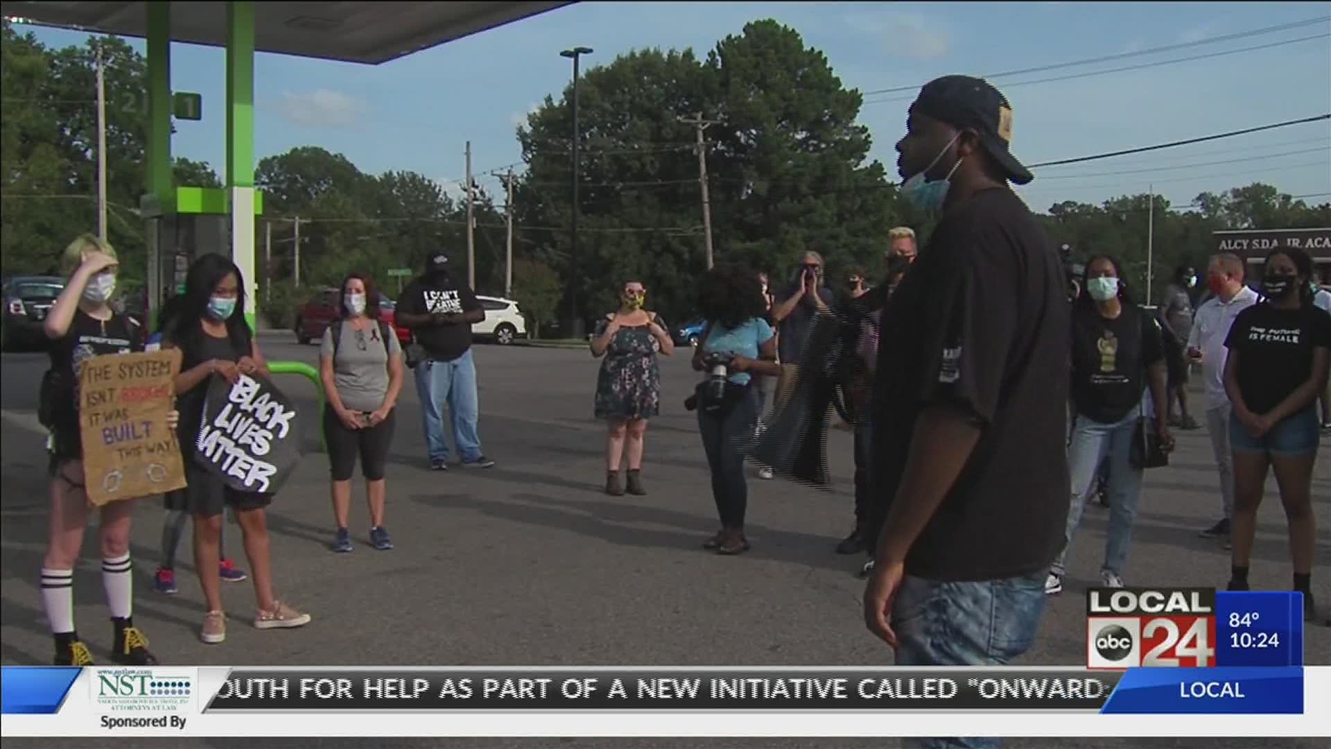 Demonstration held at the MAPCO gas station where the officer-involved shooting took place Tuesday.