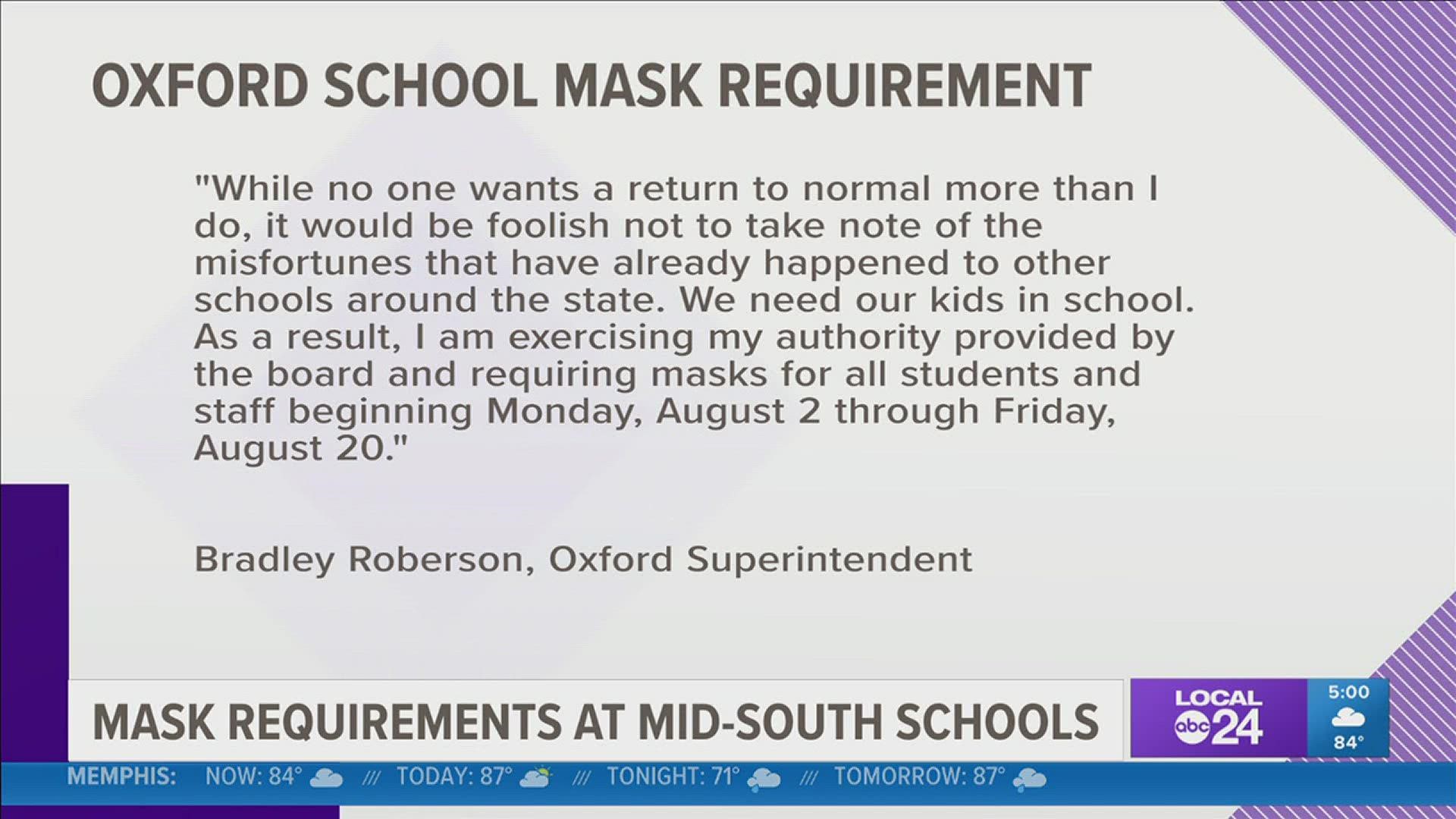 The superintendent said masks must be worn inside the district’s schools through at least August 20.