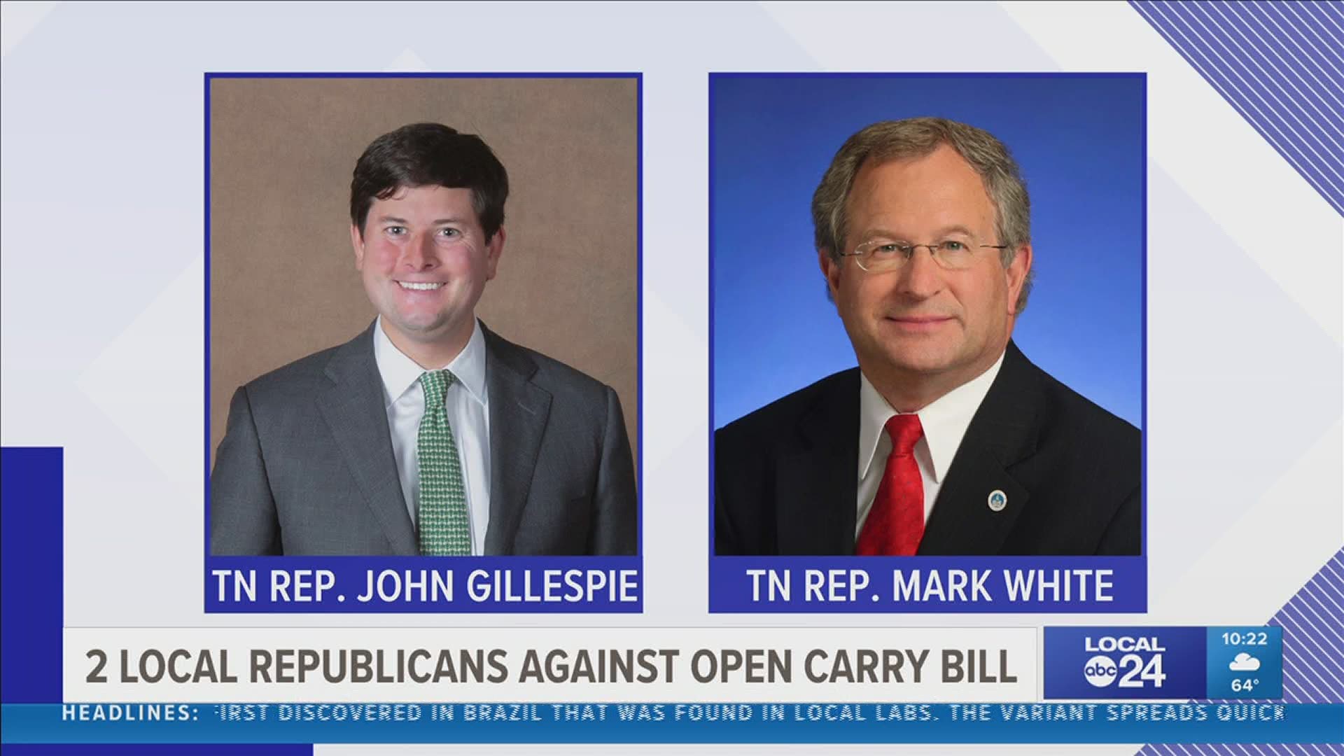 Tennessee Republican Representatives John Gillespie and Mark White vote against permitless gun carry bill.