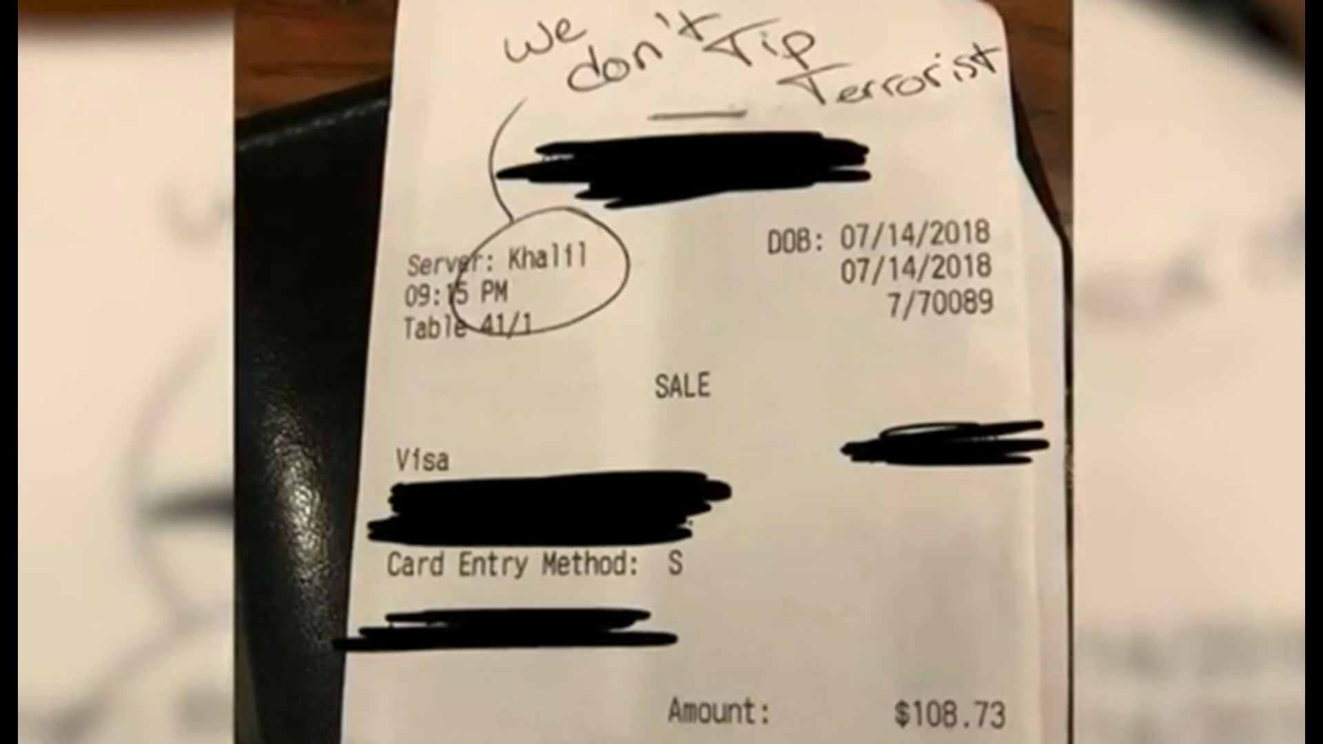 Employee faked racist note on receipt calling him terrorist, restaurant ...