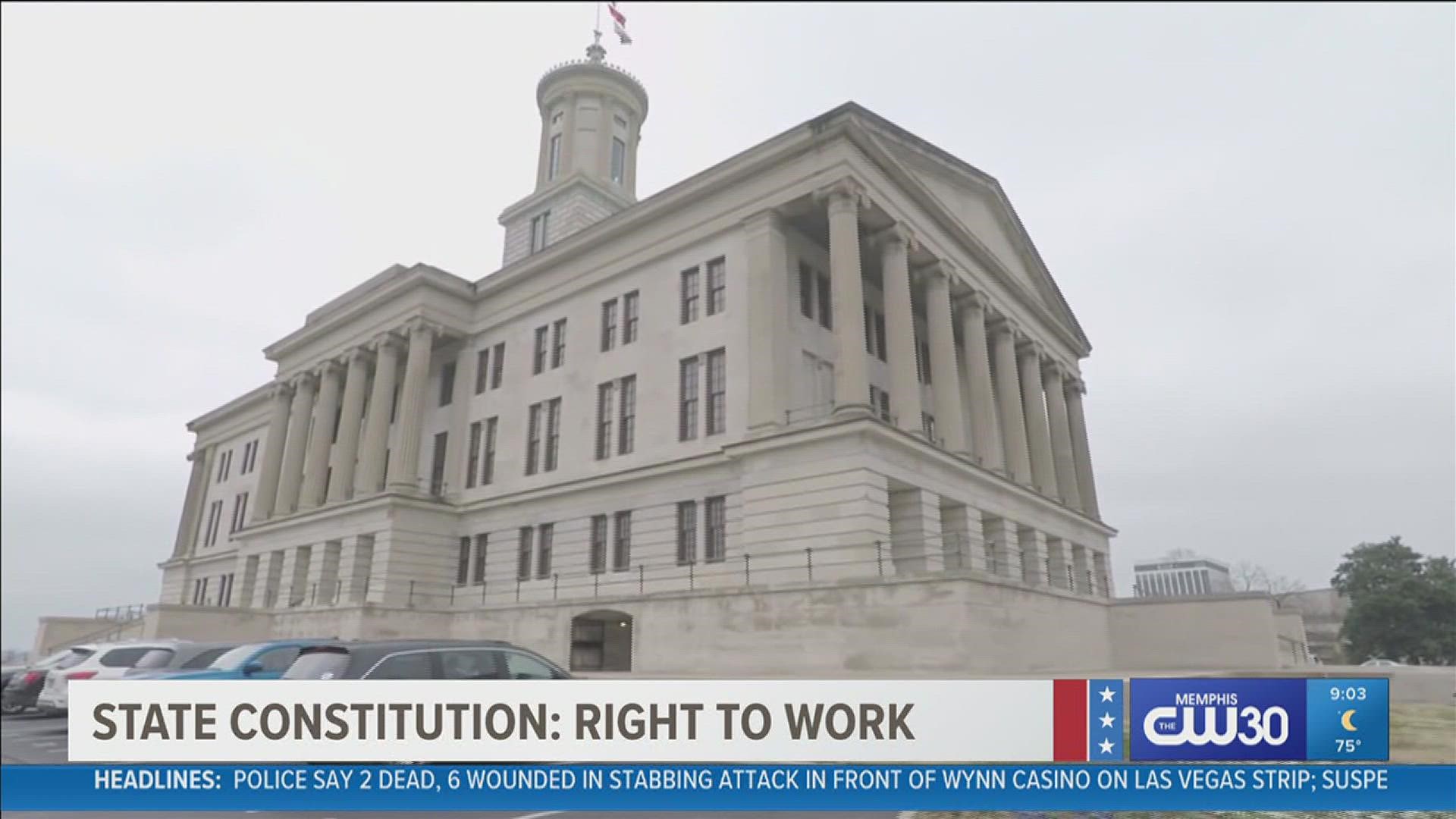 The amendment would basically add Tennessee’s ‘Right to Work’ law to the state Constitution.
