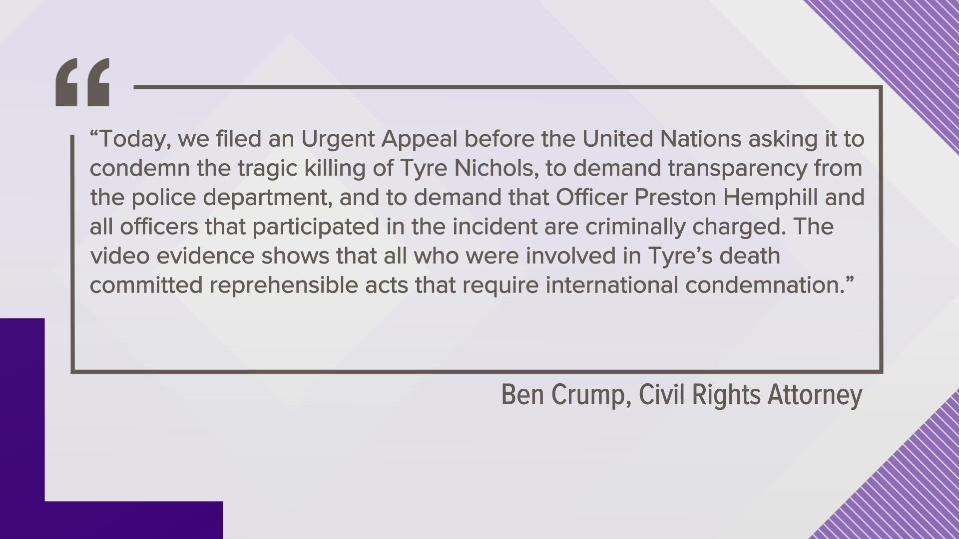 According to a news release from Civil Rights Attorney Ben Crump, the appeal requests “urgent action regarding the torture and extrajudicial killing of Tyre Nichols.