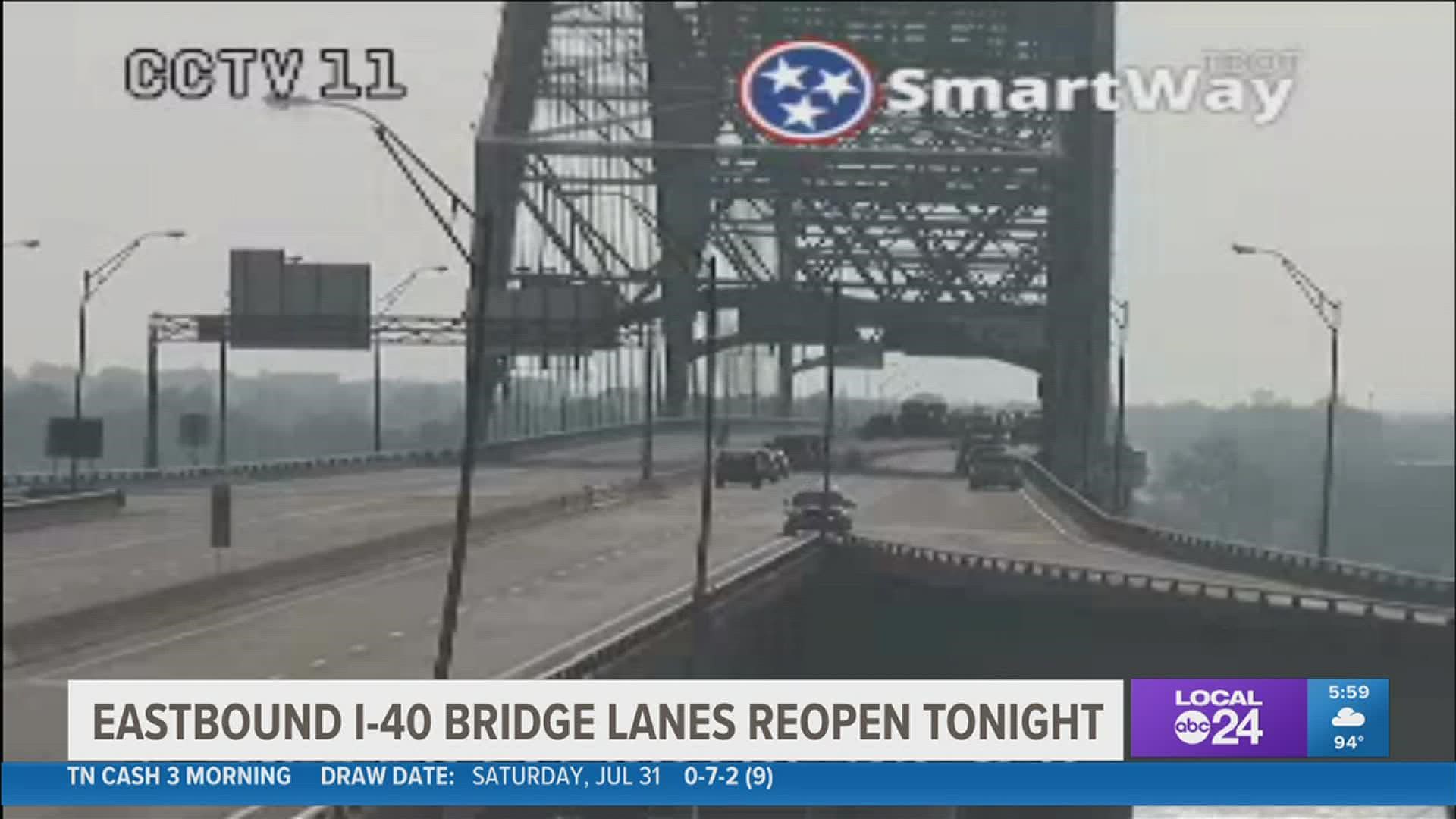 The final work is being done to reopen eastbound lanes over the Hernando de Soto bridge in Memphis to limited traffic by 10:00 p.m. Saturday.