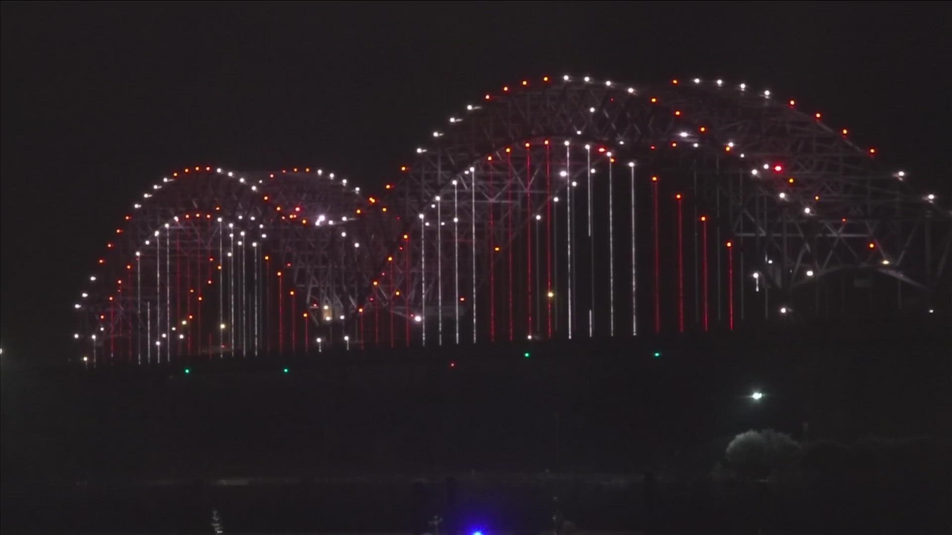 The Mighty Lights on the Big River Crossing and the I-40 Hernando de Soto Bridge were lit up beginning at sundown Wednesday, Feb. 1, 2023.