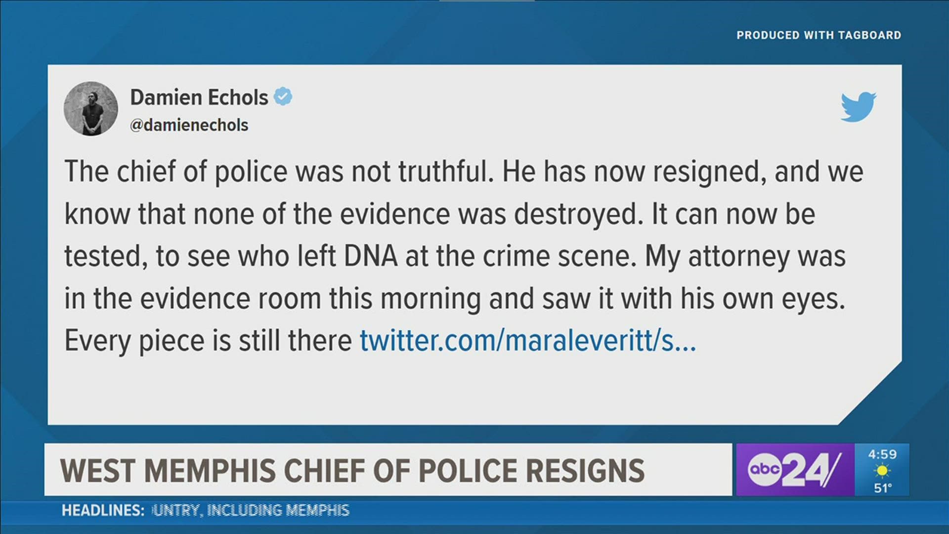 West Memphis Chief of Police Michael D. Pope said he was resigning due to "other endeavors and goals." Echols says it's related to evidence in the case.