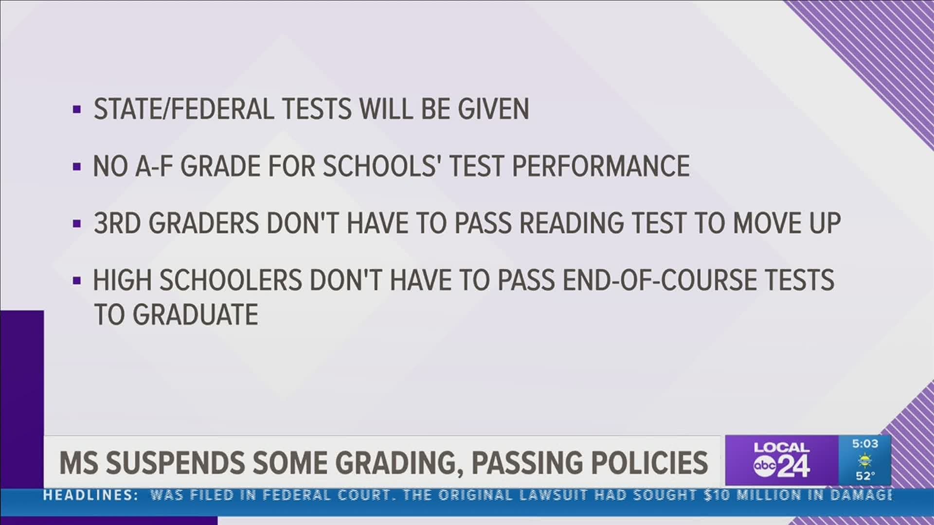 The changes affect grading for school & district assessments, reading requirements for 3rd graders, and high school graduation requirements.