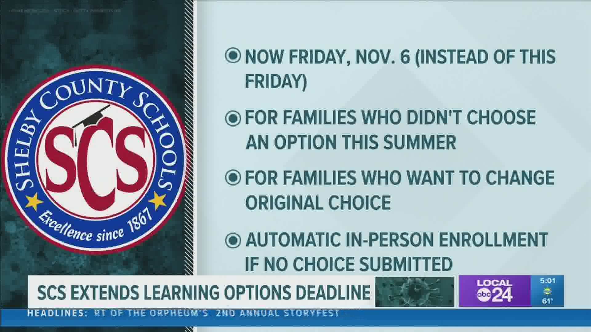 November 6th is now the deadline for parents to decide on in-person or virtual learning for the spring.